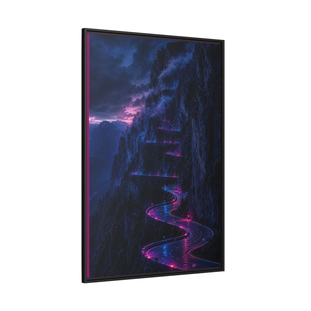 Neon Mountain Road Matte Canvas Print — Framed Nightscape Wall Art