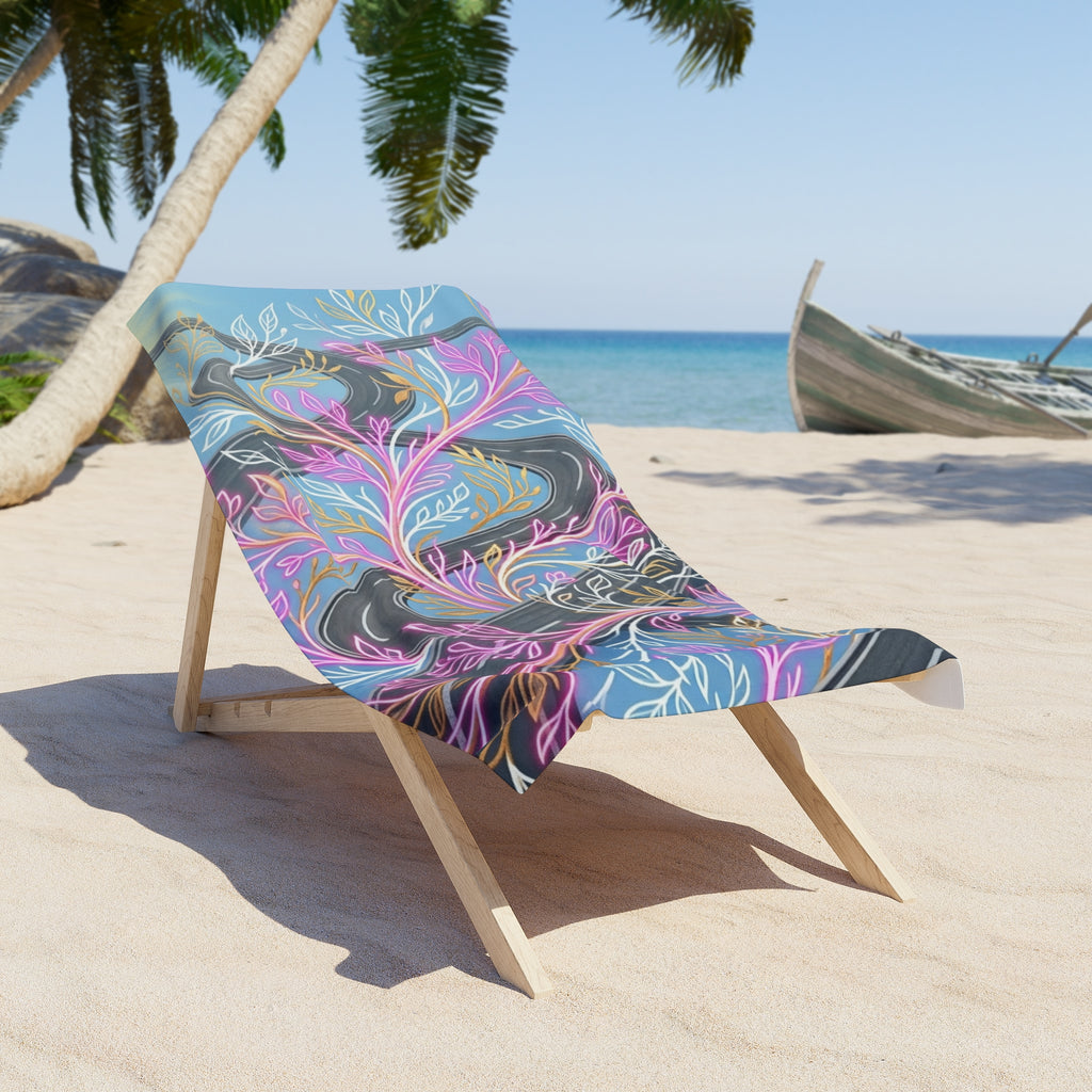 Floral Wave Beach Towel — Pastel Coral & Seaweed Design