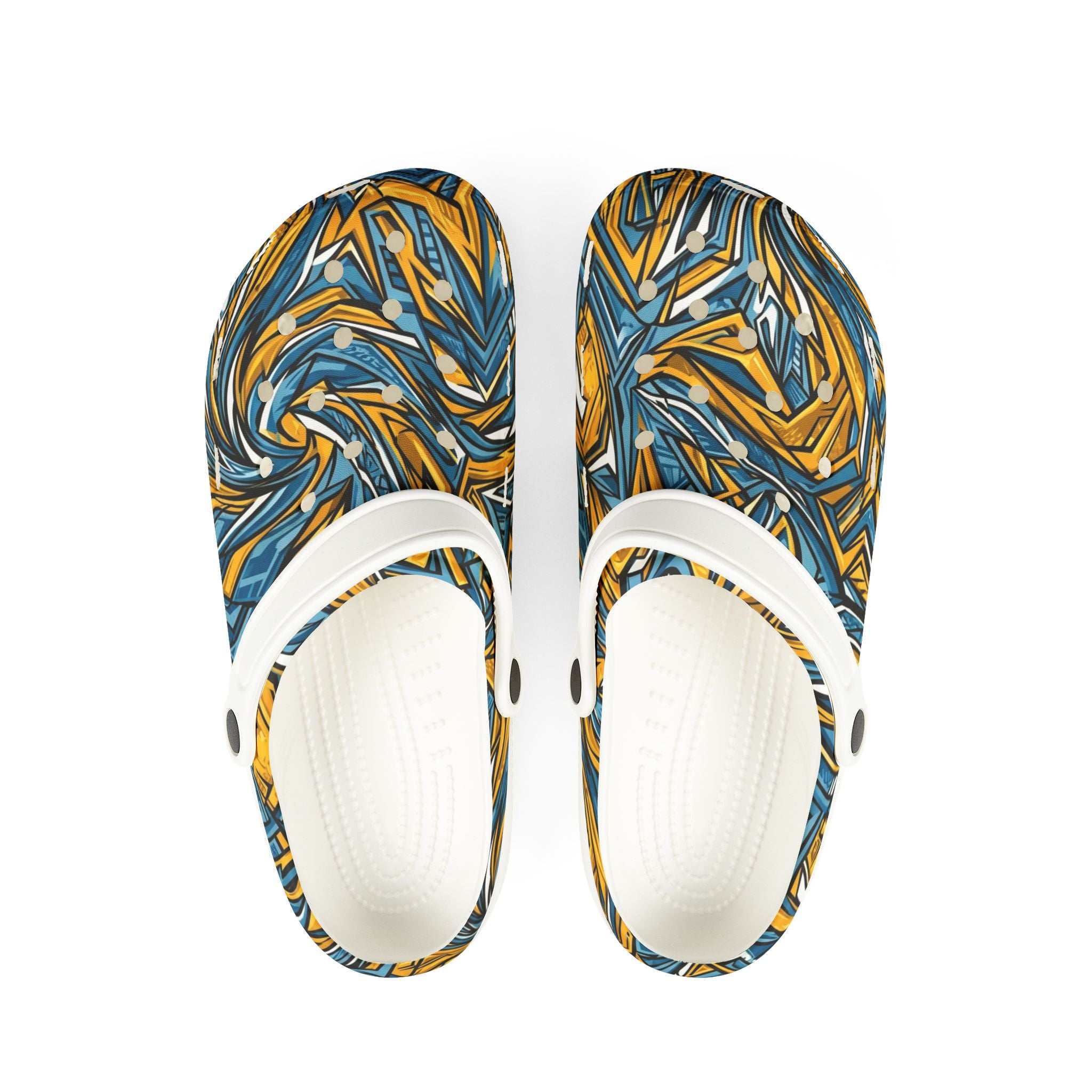Abstract Blue & Gold EVA Foam Clogs — Slip-On Comfort