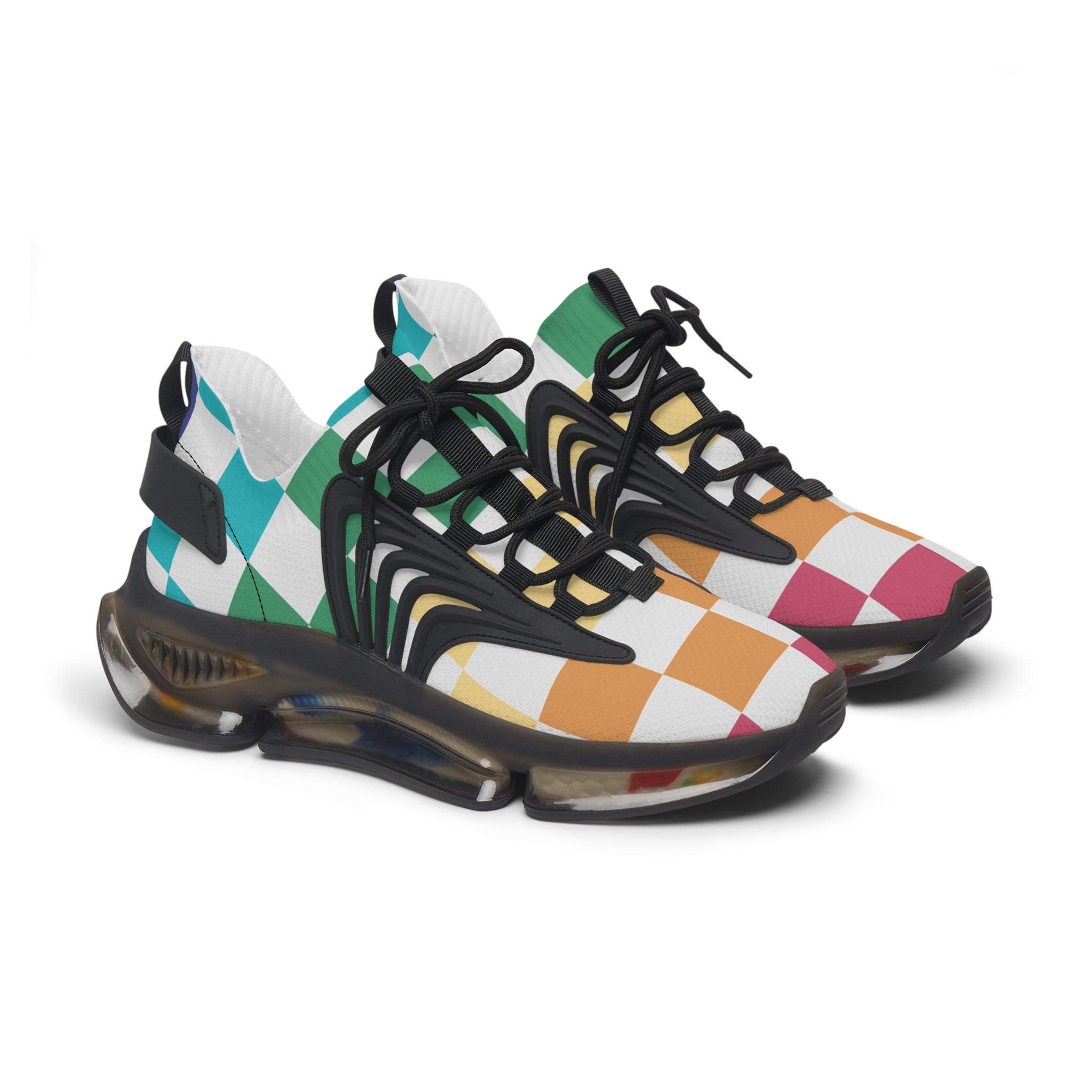 Checkerboard Racing Mesh Sneakers — Women's Colorblock Athletic Shoes