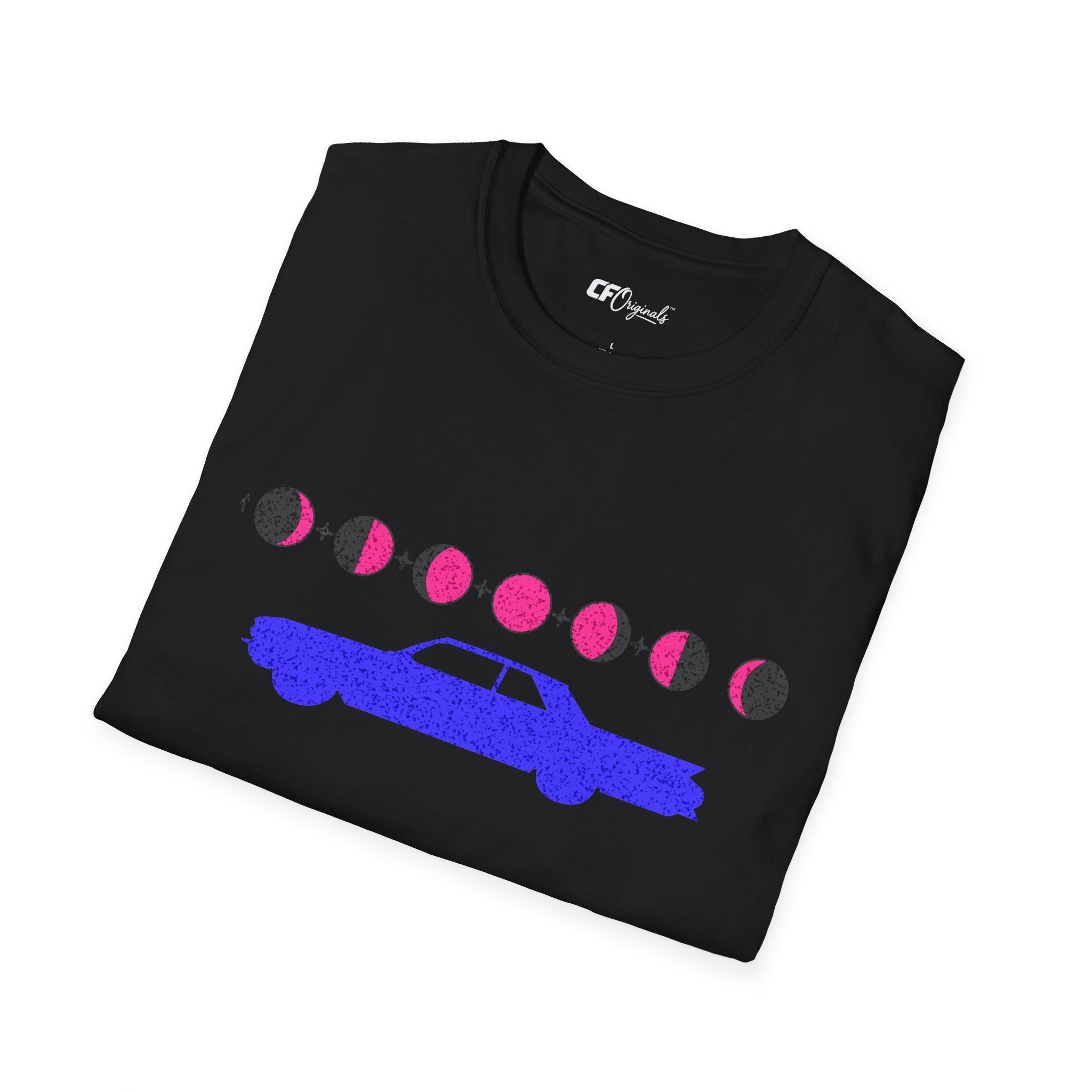 Retro Moon Phase Car T‑Shirt — Blue Classic Car with Pink Moon Phases