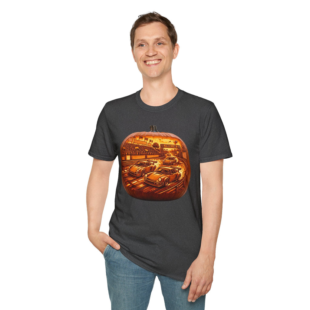 Vintage Racing Pumpkin T-Shirt — Retro Car Grand Prix Halloween Tee
