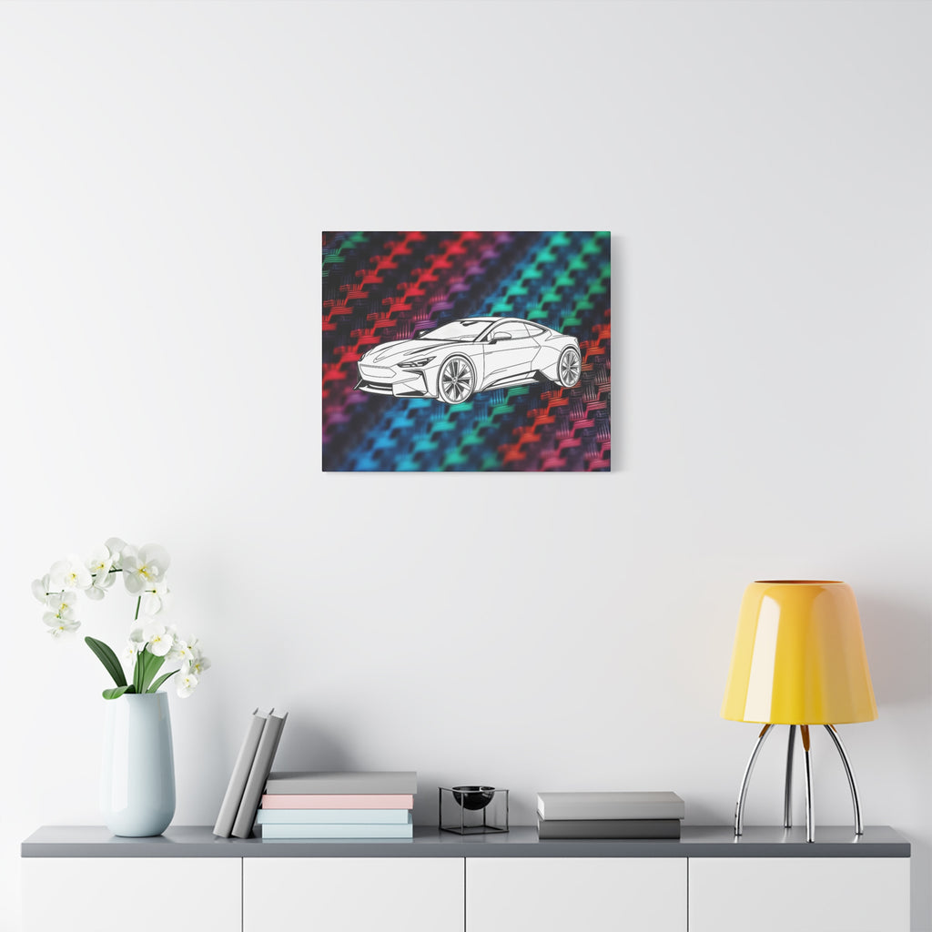 Modern Sports Car Canvas Wall Art – White Line Drawing on Rainbow Carbon Fiber Background