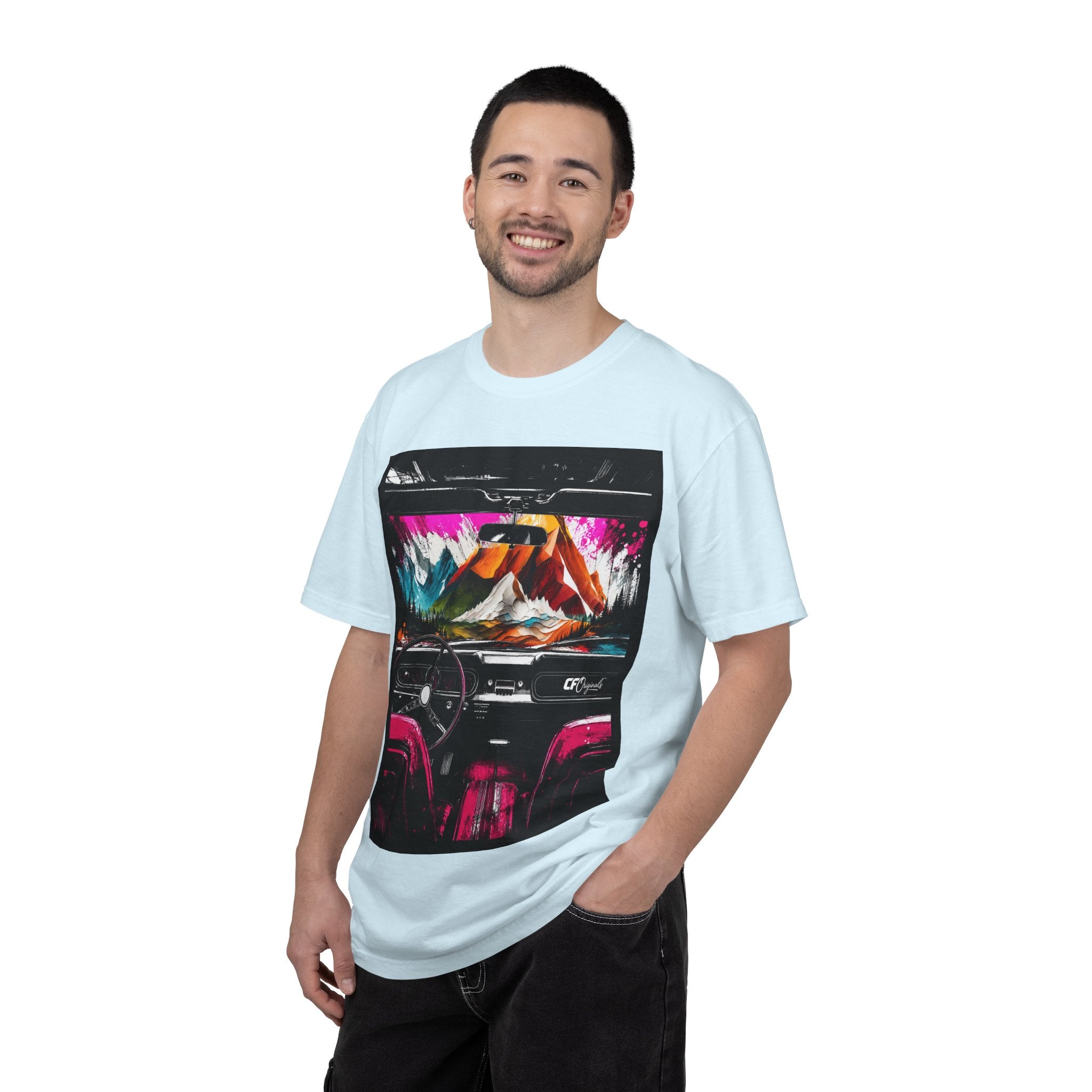 CarFits.store Big Prints T-Shirt — Retro Engine & Scenic Drive