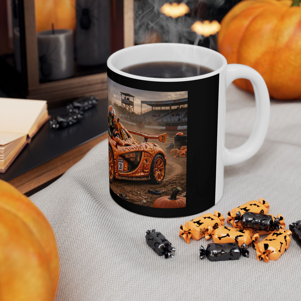 Racing Car Mug — Orange Pumpkin Sports Car (11oz & 15oz)