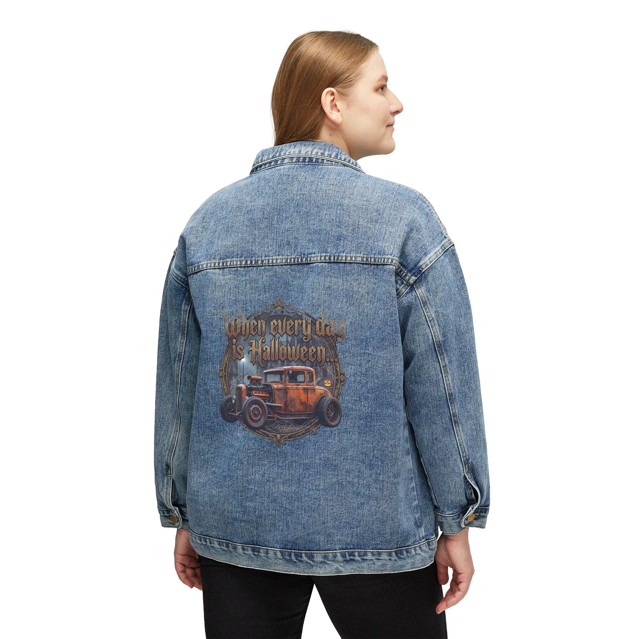 Women's Denim Jacket — 'When Every Day Is Halloween' Vintage Car Back Print