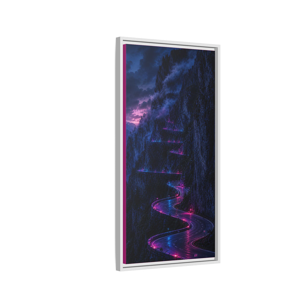 Neon Mountain Road Matte Canvas Print — Framed Nightscape Wall Art