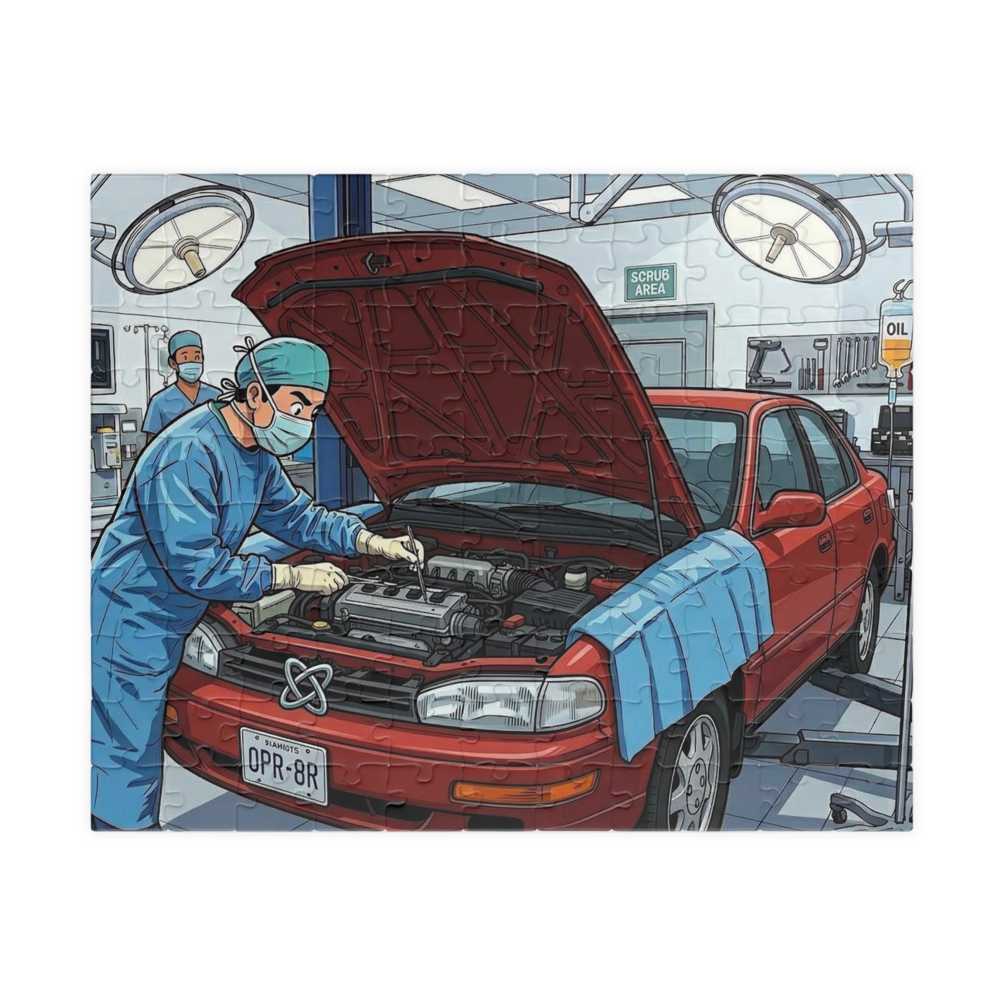 Car Surgery Operation Puzzle — Automotive Repair Illustration Jigsaw (110/252/520/1014 pcs)