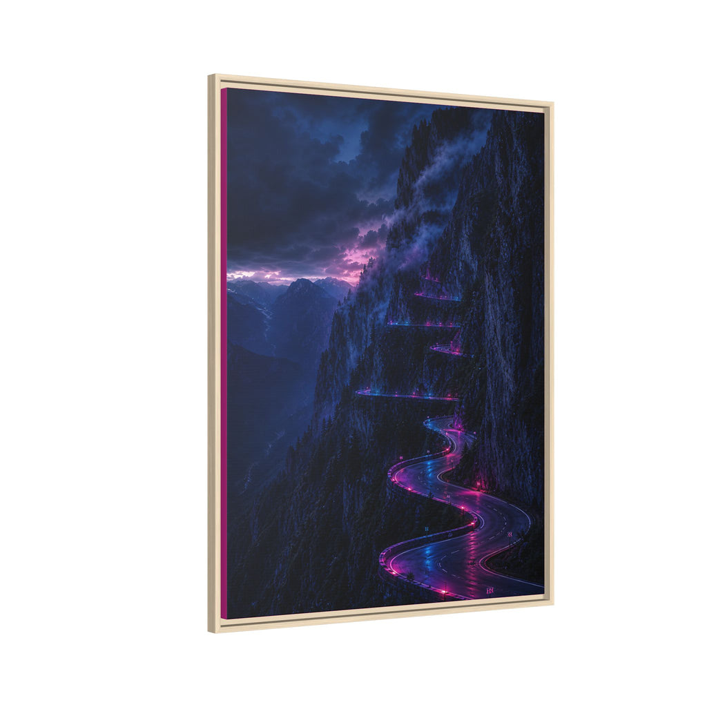 Neon Mountain Road Matte Canvas Print — Framed Nightscape Wall Art