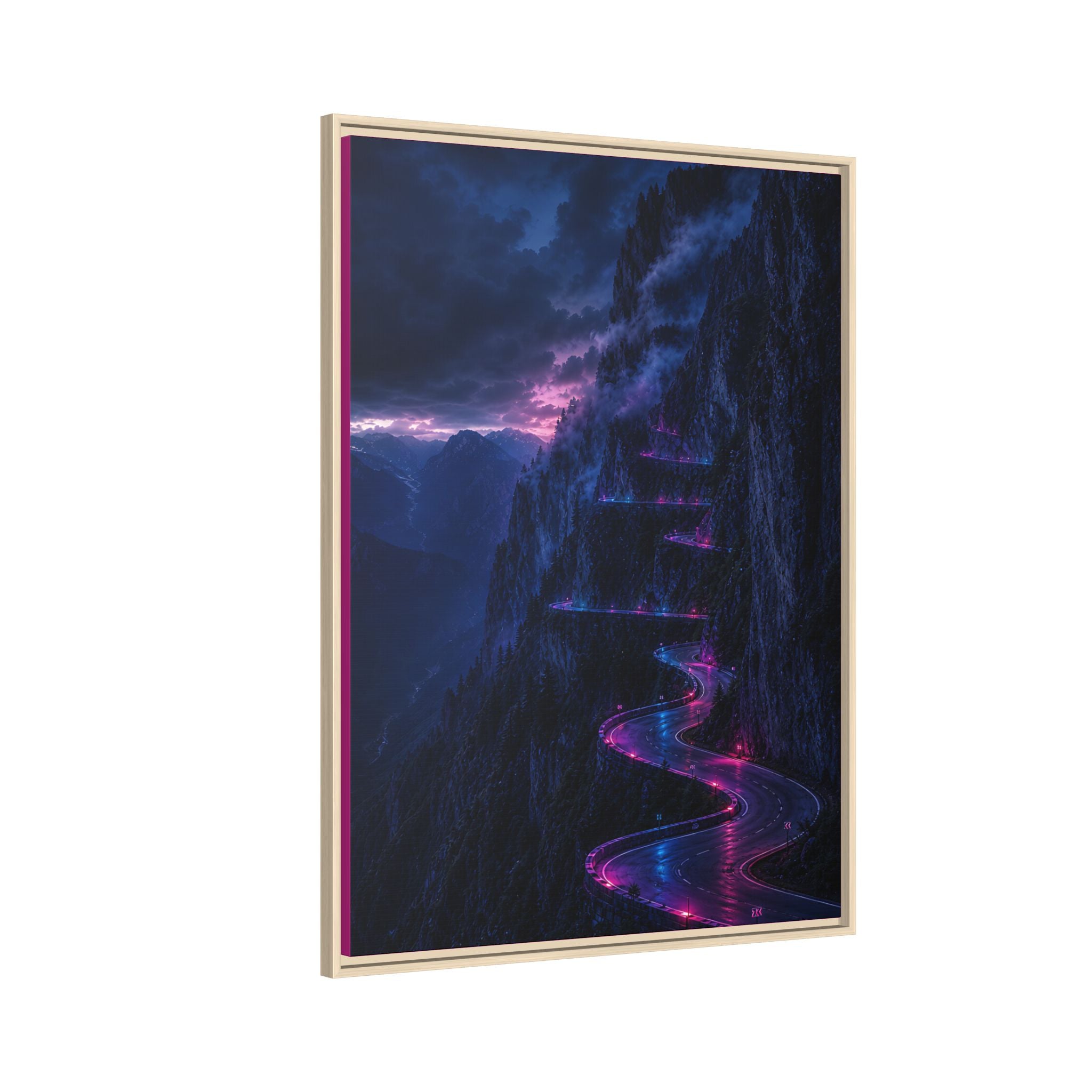 Neon Mountain Road Matte Canvas Print — Framed Nightscape Wall Art