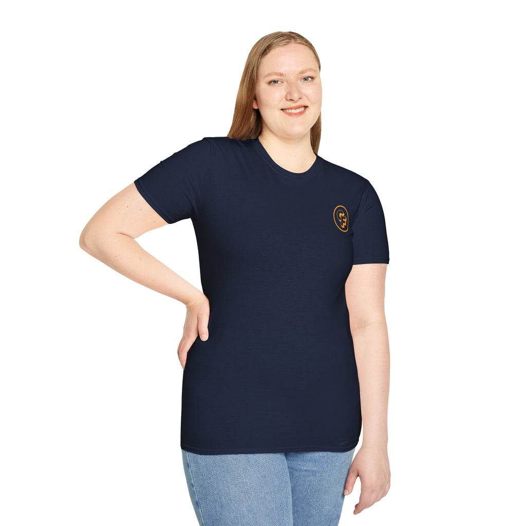 Minimal Orange CF Logo T-Shirt — Subtle Chest & Statement Back Graphic
