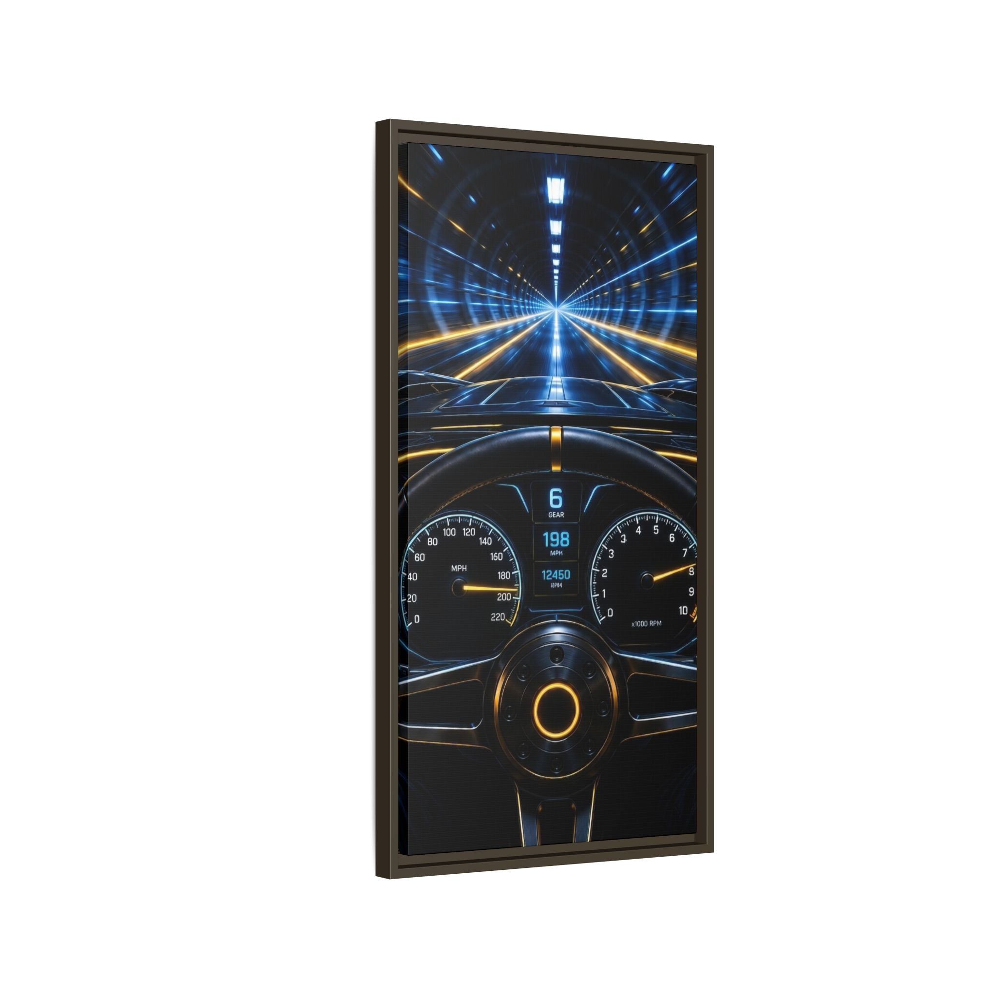 Tunnel Drive Framed Canvas Print — Retro Futuristic Car Dashboard Wall Art