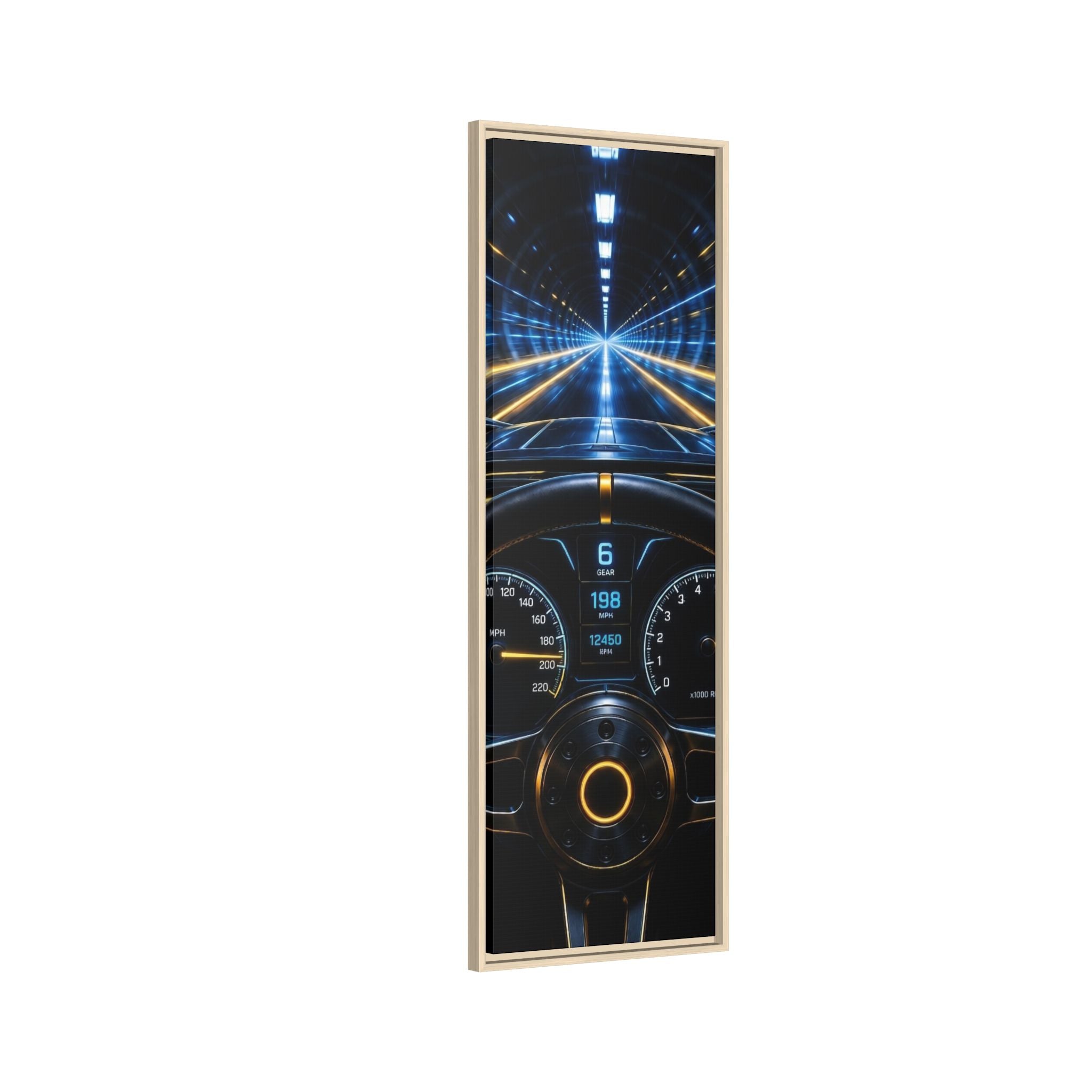 Tunnel Drive Framed Canvas Print — Retro Futuristic Car Dashboard Wall Art