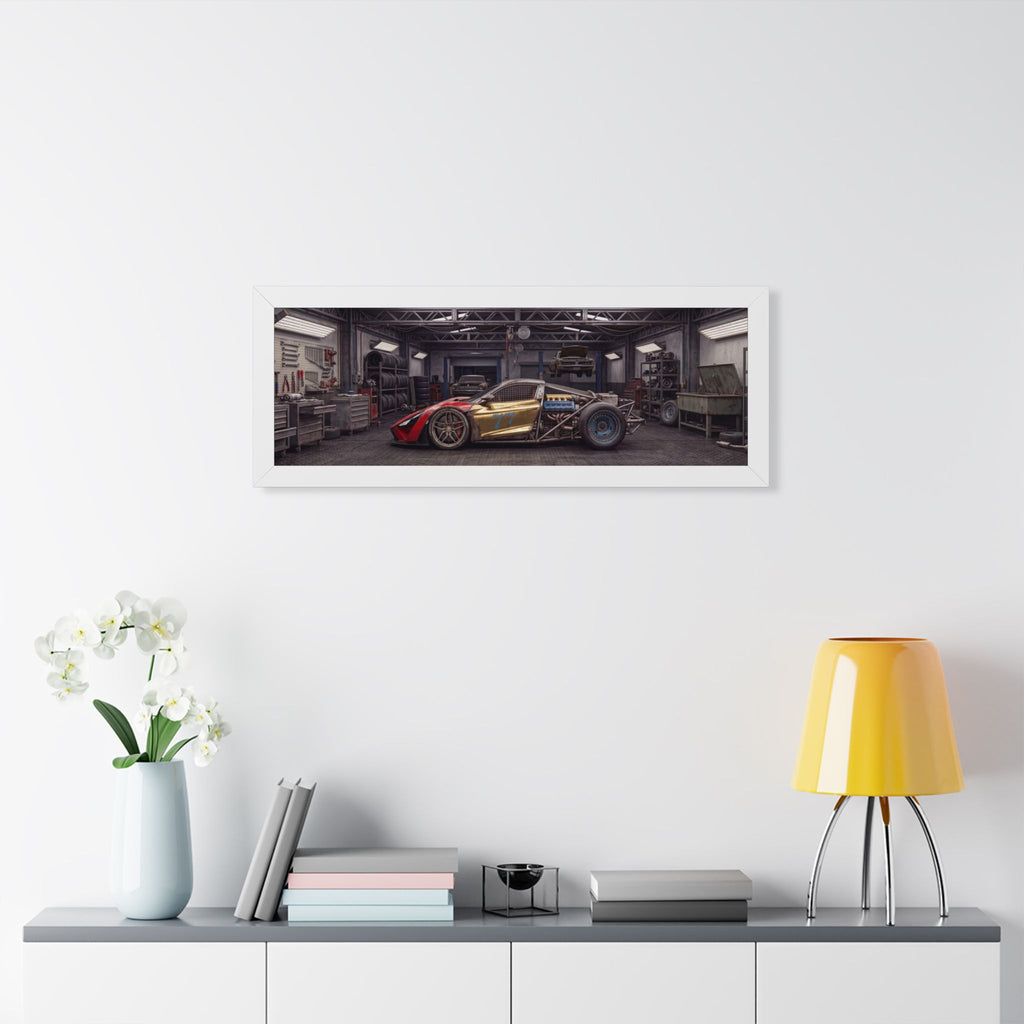 Framed Horizontal Poster — Retro Race Car Garage Print
