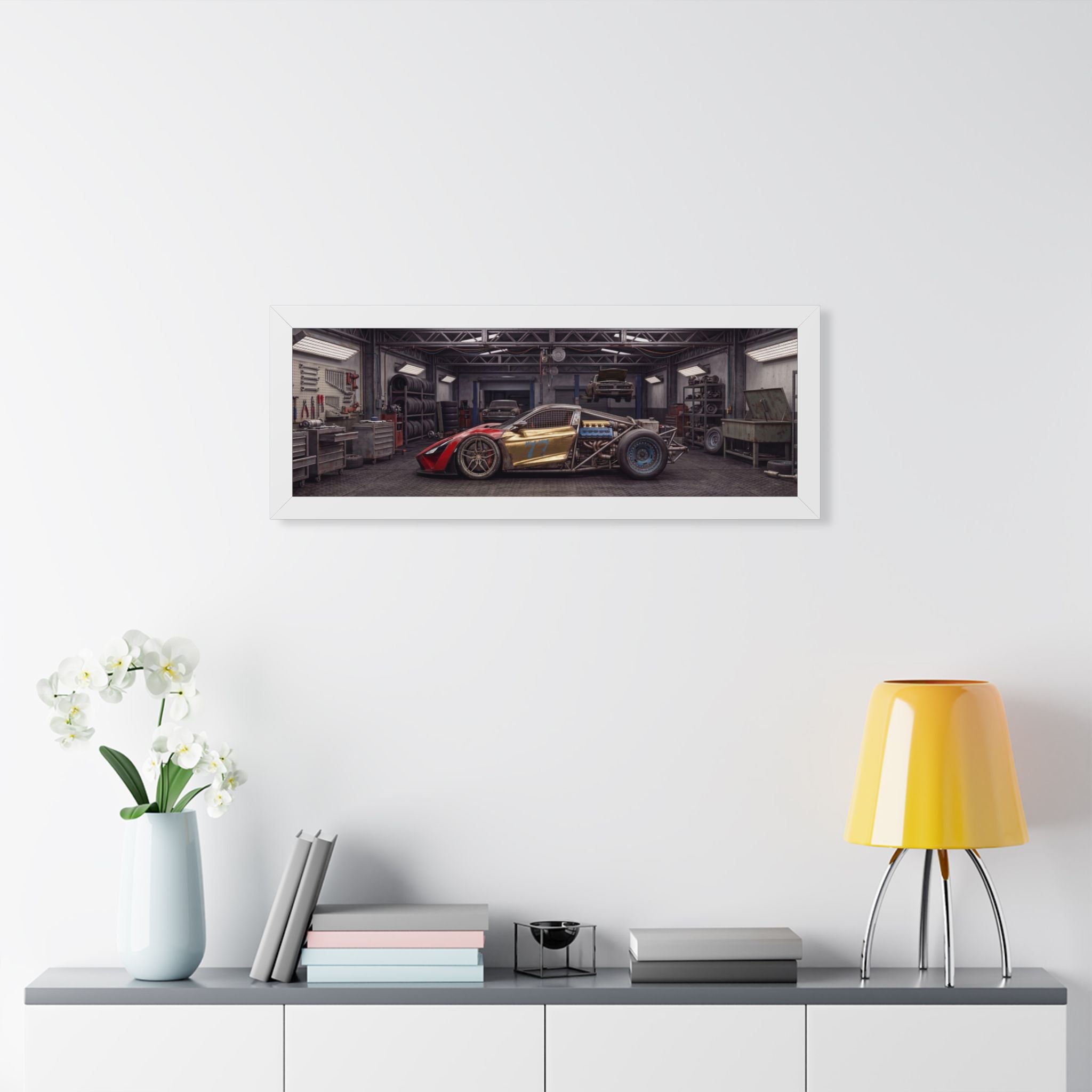 Framed Horizontal Poster — Retro Race Car Garage Print