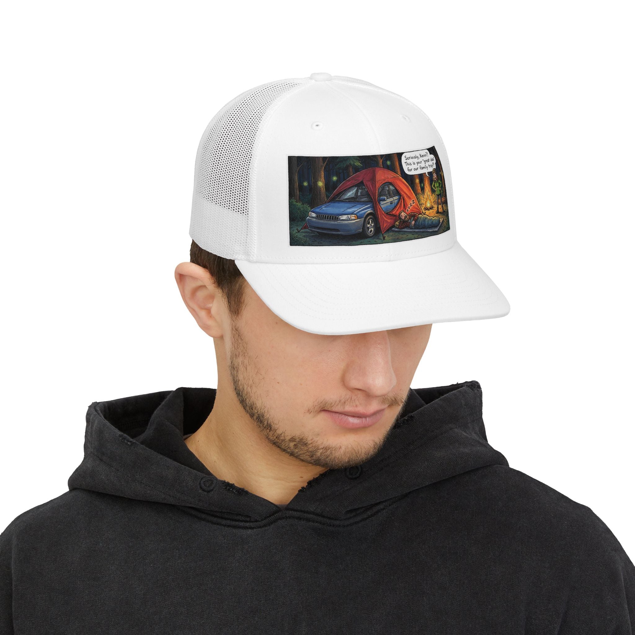 Camping Humor Snapback Trucker Hat — Car Tent Cartoon