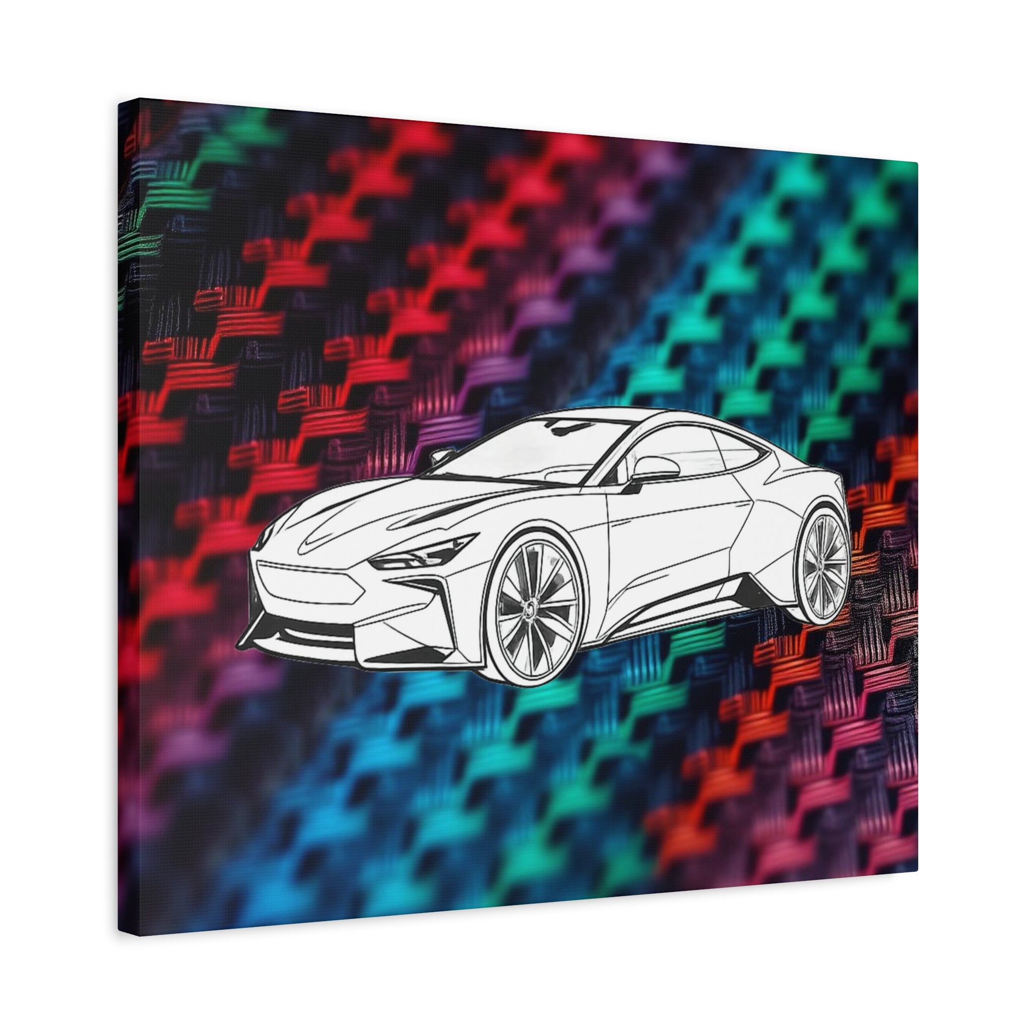 Modern Sports Car Canvas Wall Art – White Line Drawing on Rainbow Carbon Fiber Background