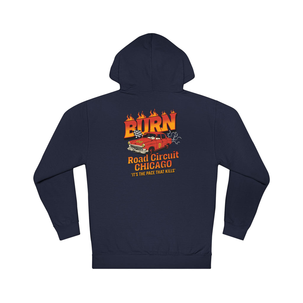 Chicago Road Circuit Hoodie — 'Burn' Flaming Race Car Retro Graphic Sweatshirt
