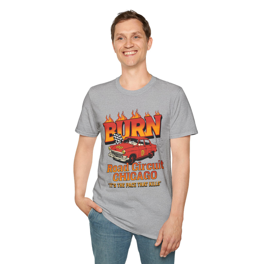 Racing 'BURN' Graphic Tee — Retro Flaming Racecar Chicago Track Shirt