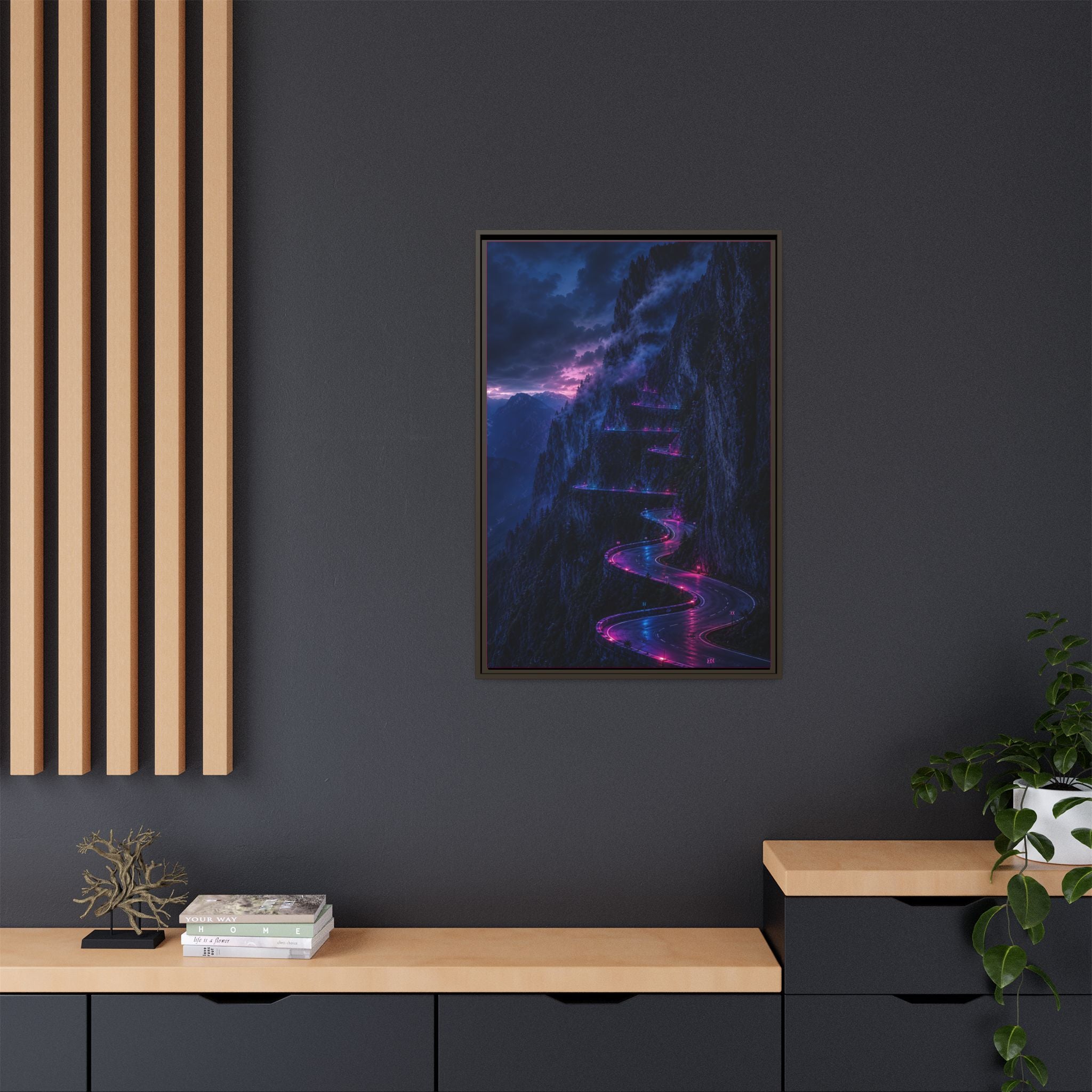 Neon Mountain Road Matte Canvas Print — Framed Nightscape Wall Art