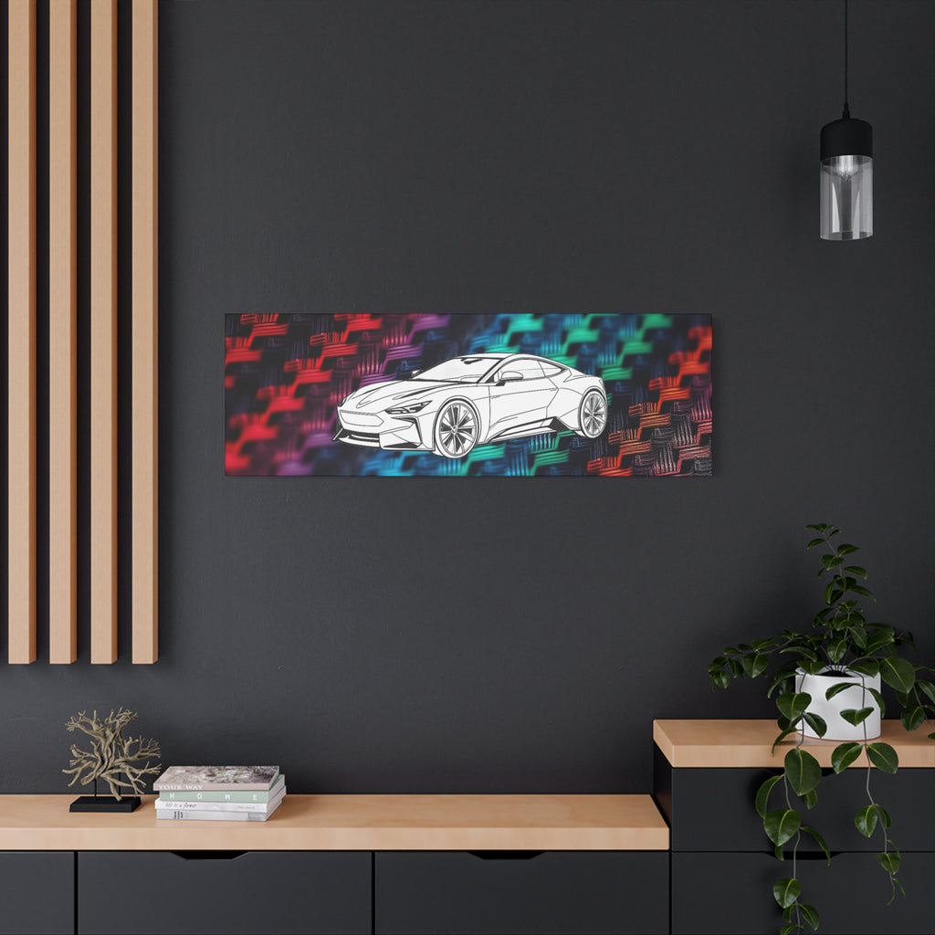 Modern Sports Car Canvas Wall Art – White Line Drawing on Rainbow Carbon Fiber Background