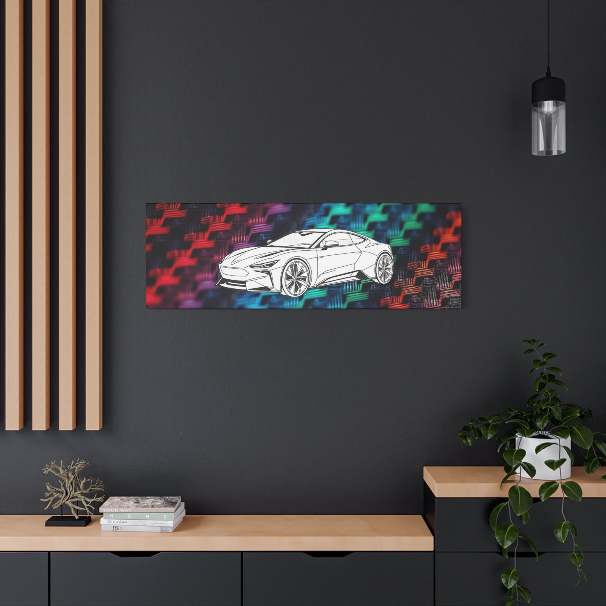 Modern Sports Car Canvas Wall Art – White Line Drawing on Rainbow Carbon Fiber Background