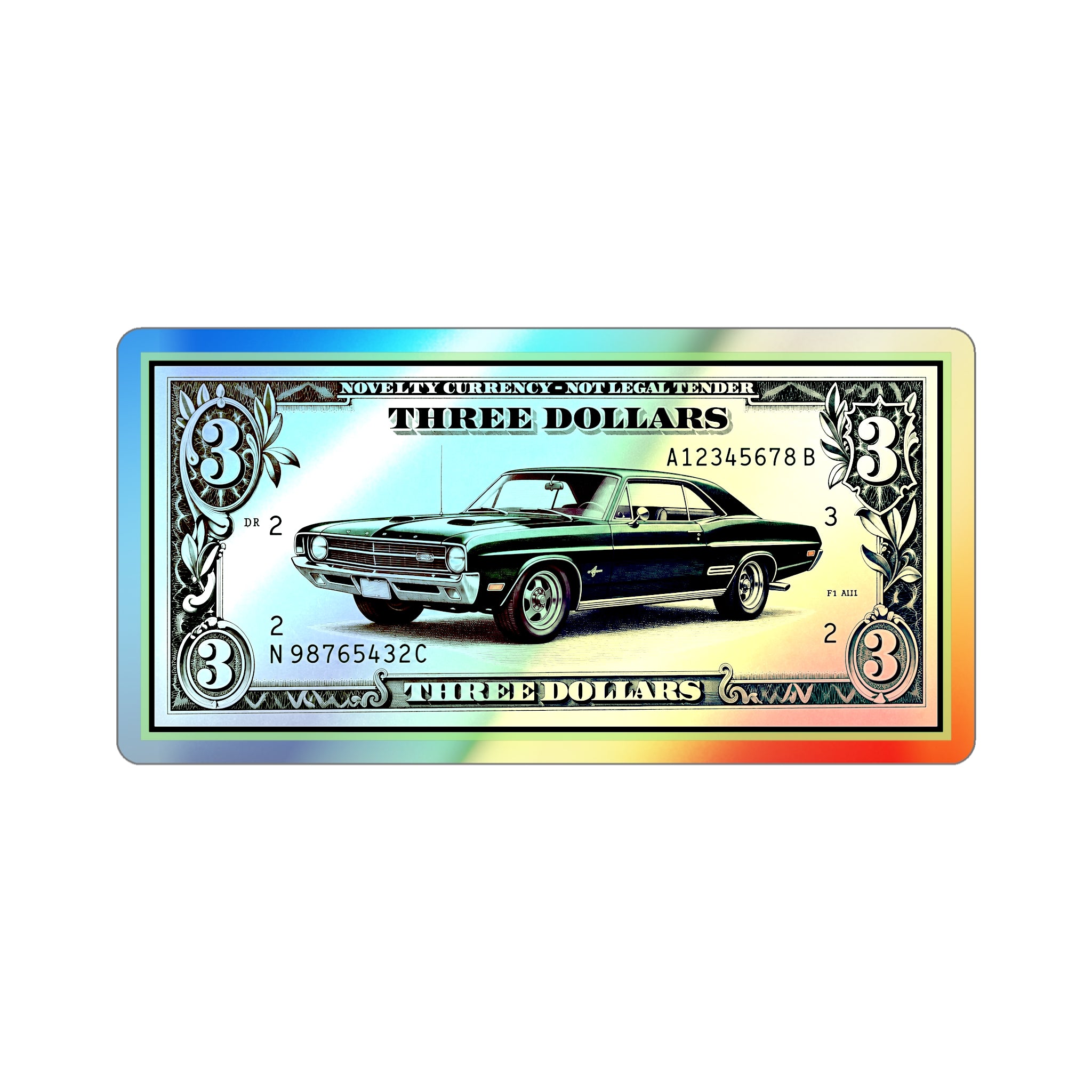 Holographic Classic Car Dollar Sticker — Die-Cut Three Dollar Bill