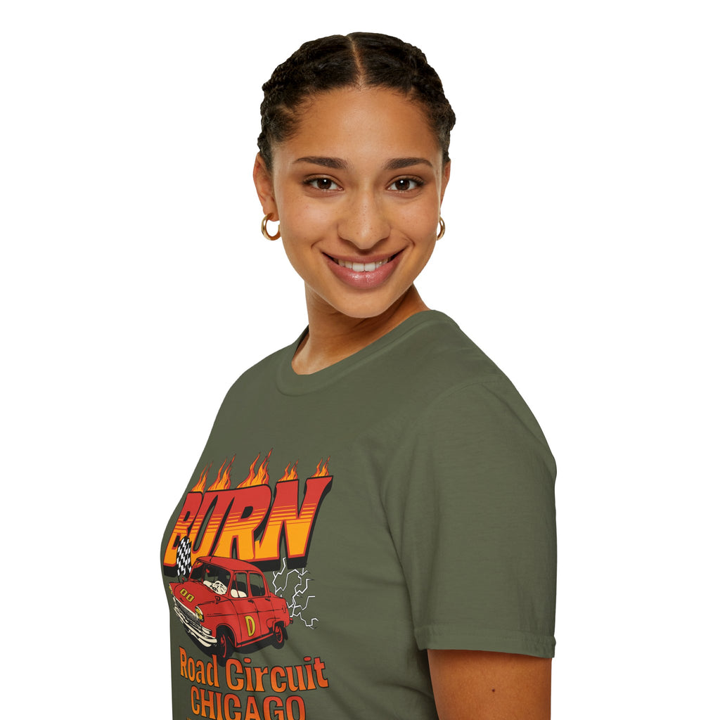 Racing 'BURN' Graphic Tee — Retro Flaming Racecar Chicago Track Shirt