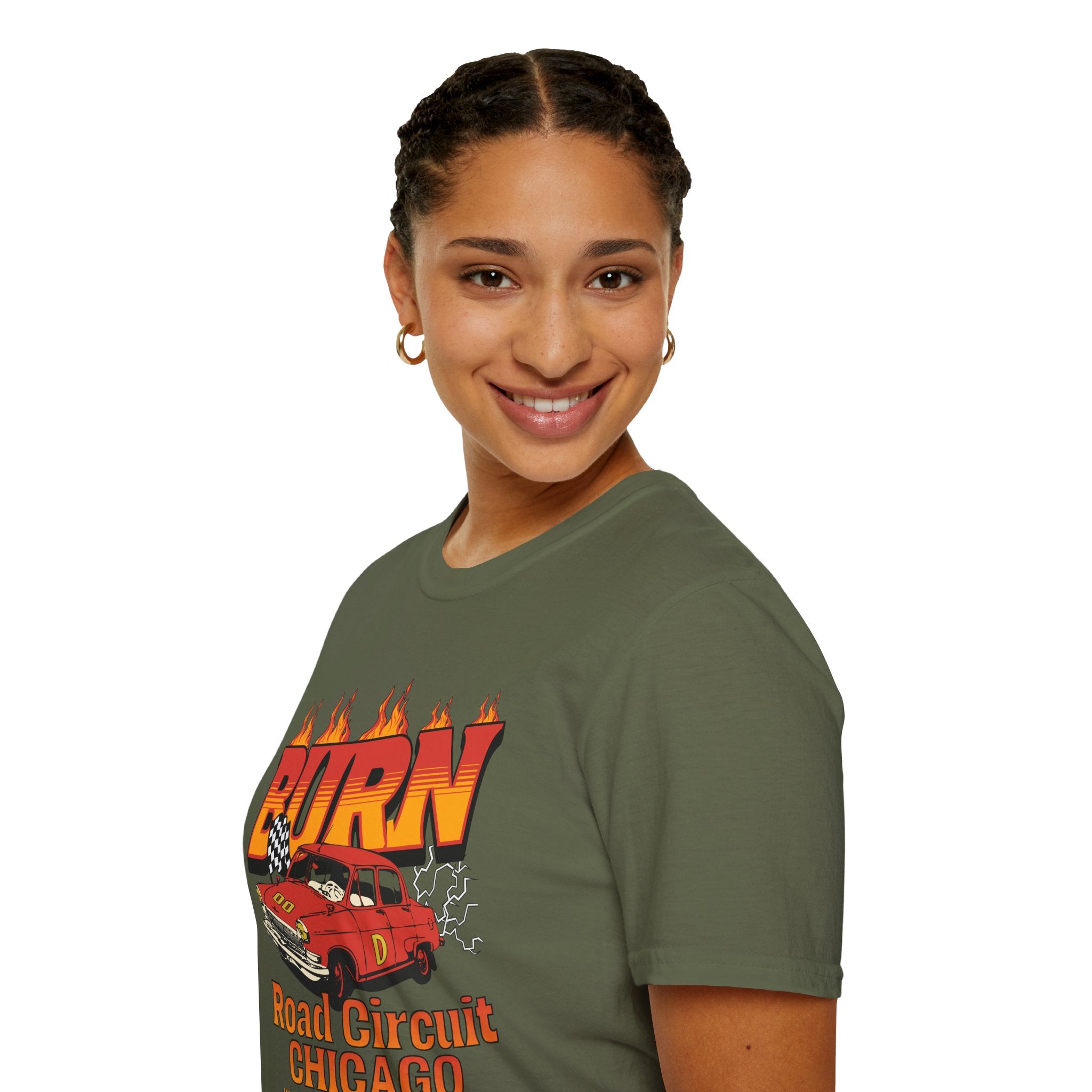 Racing 'BURN' Graphic Tee — Retro Flaming Racecar Chicago Track Shirt