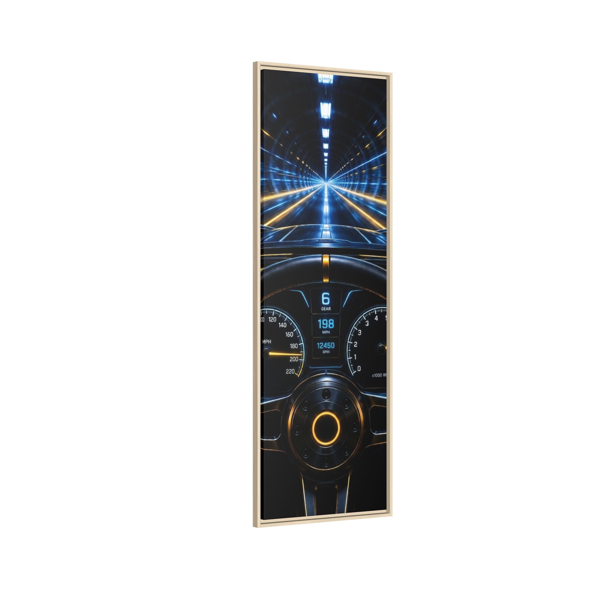 Tunnel Drive Framed Canvas Print — Retro Futuristic Car Dashboard Wall Art