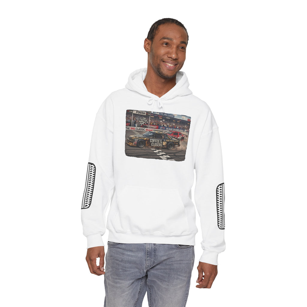 Racing Garage Hooded Sweatshirt — Vintage Racecar Track Scene