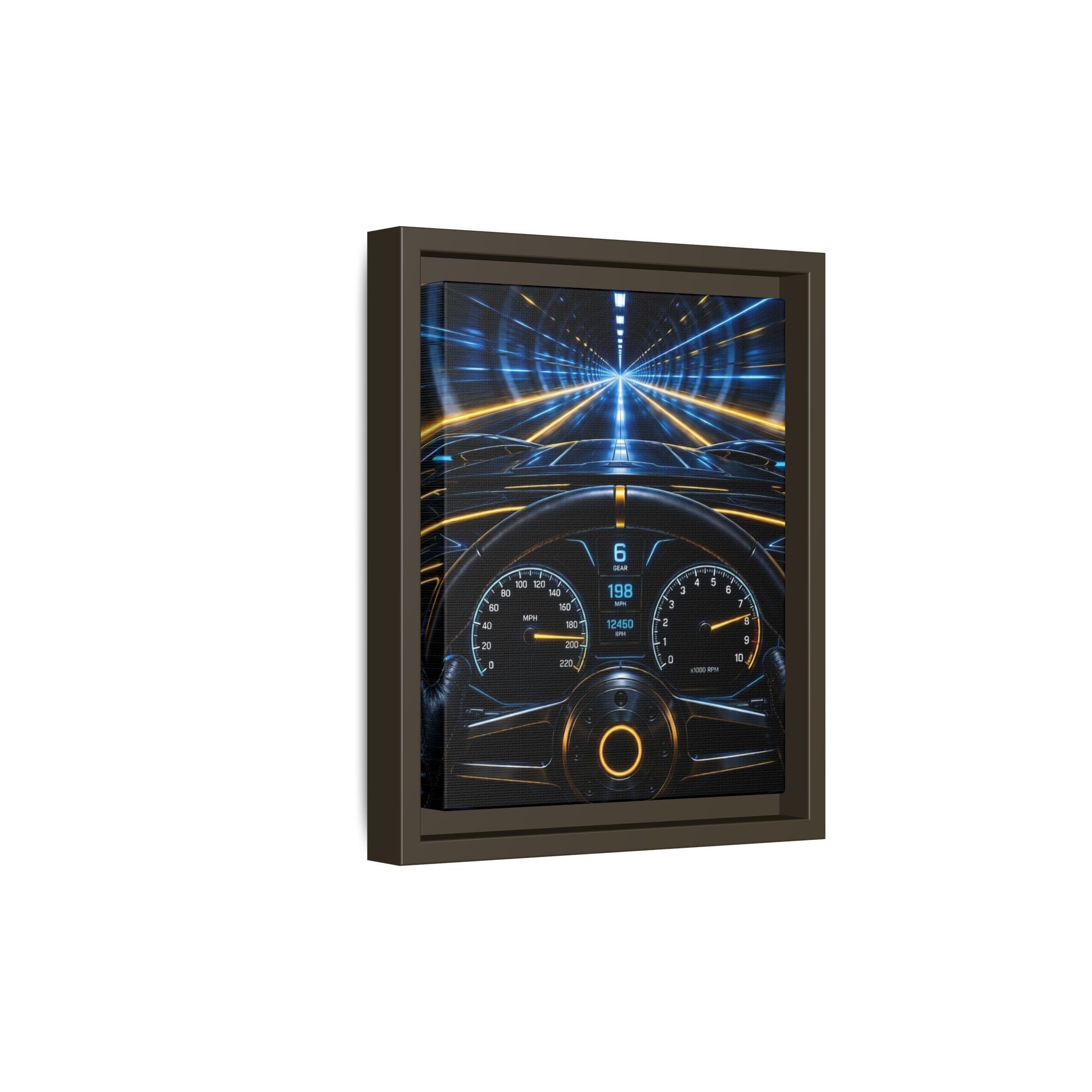 Tunnel Drive Framed Canvas Print — Retro Futuristic Car Dashboard Wall Art