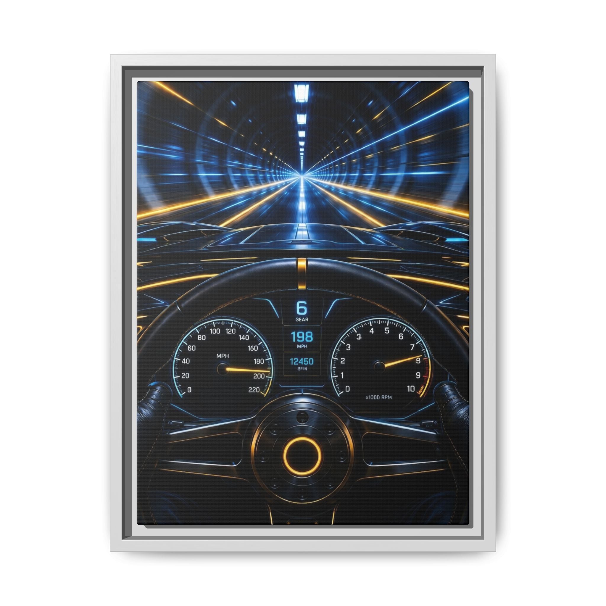 Tunnel Drive Framed Canvas Print — Retro Futuristic Car Dashboard Wall Art