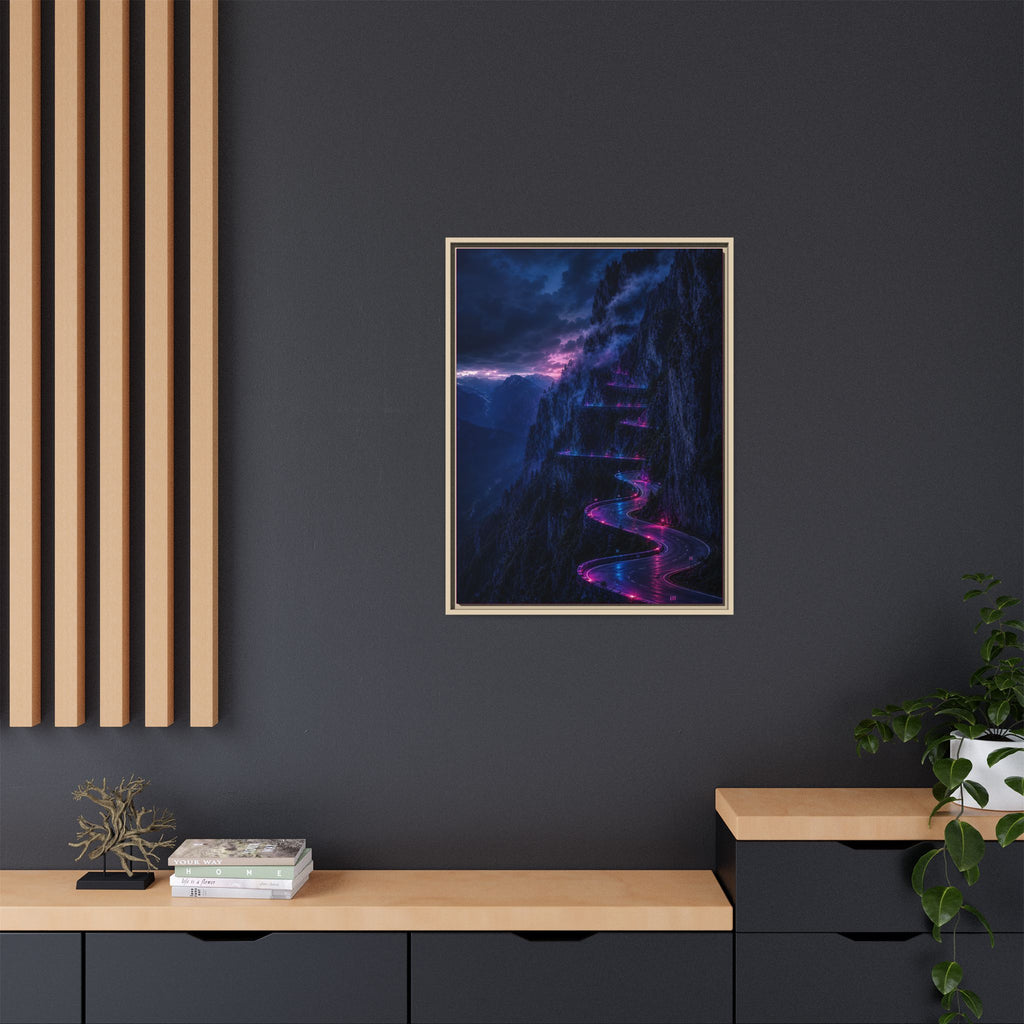 Neon Mountain Road Matte Canvas Print — Framed Nightscape Wall Art