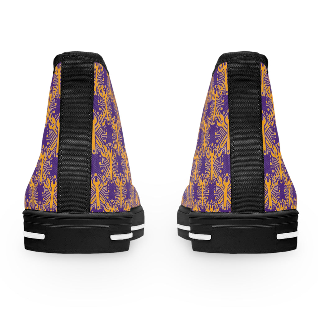 Purple and Gold Wrench High-Tops — Women's Patterned Canvas Shoes