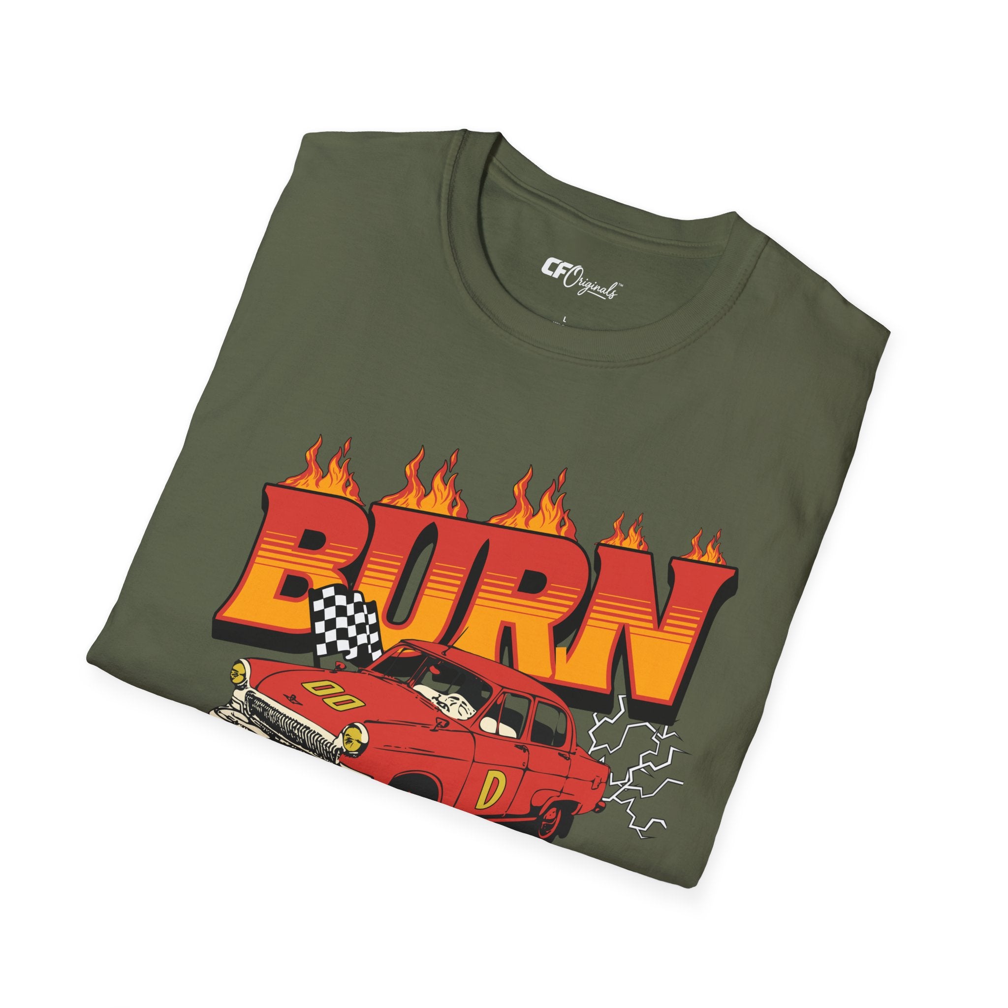 Racing 'BURN' Graphic Tee — Retro Flaming Racecar Chicago Track Shirt