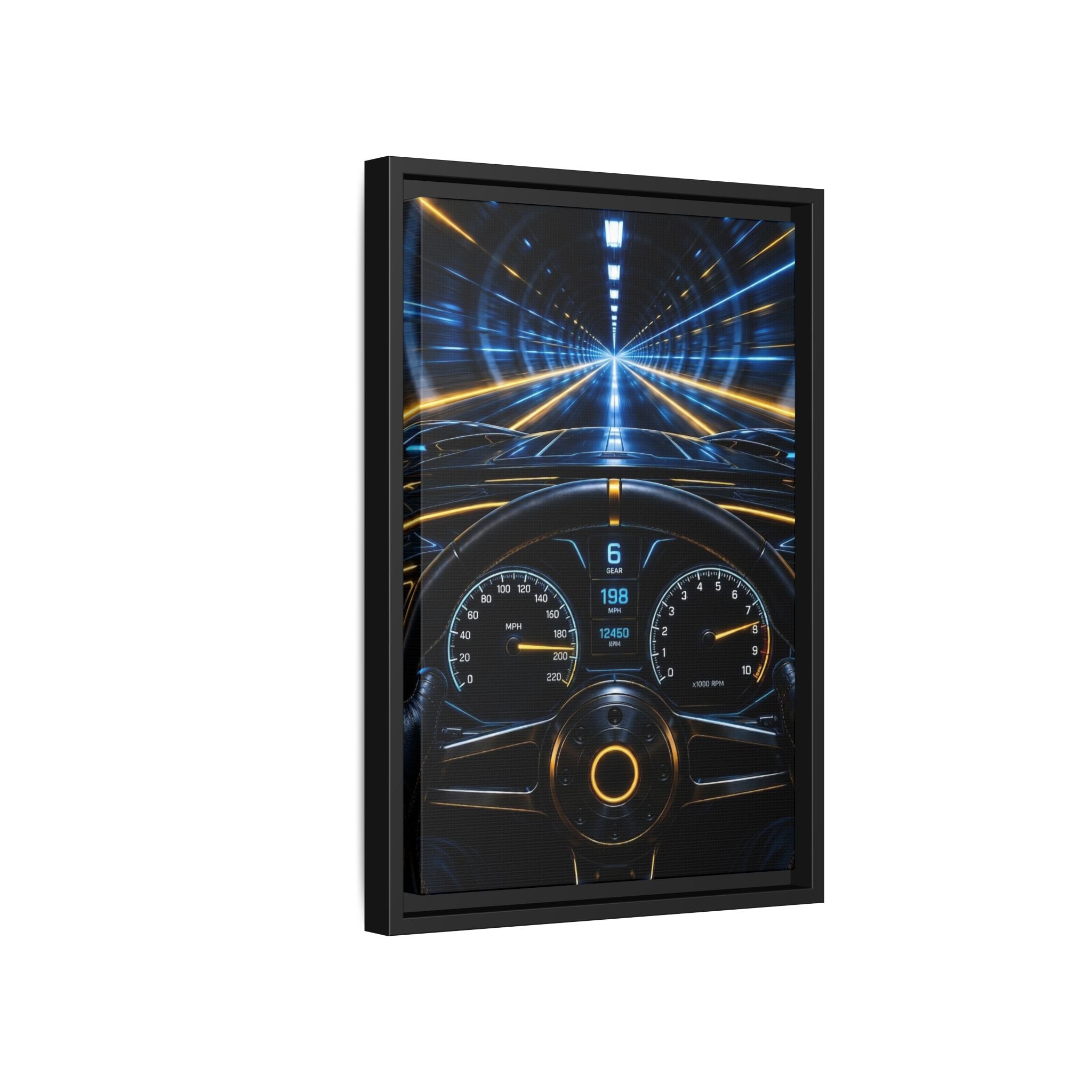 Tunnel Drive Framed Canvas Print — Retro Futuristic Car Dashboard Wall Art