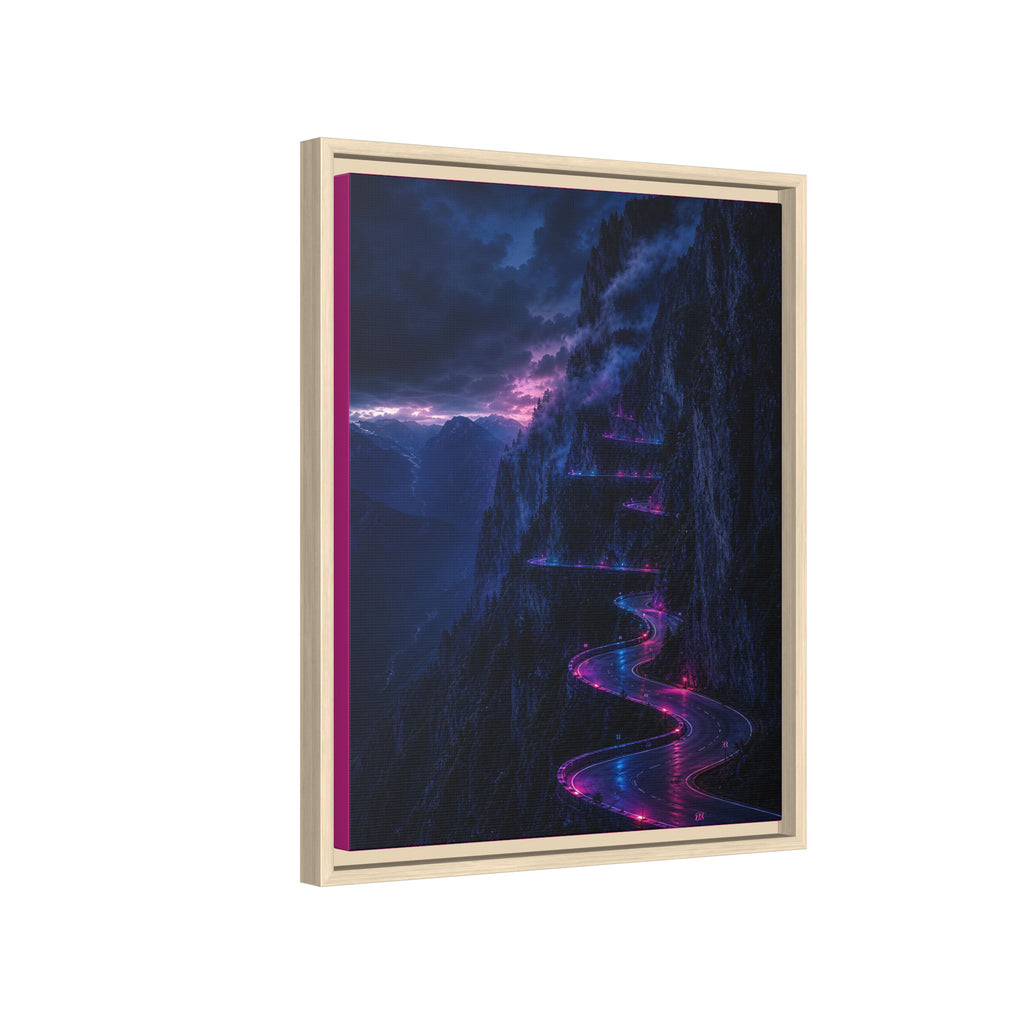 Neon Mountain Road Matte Canvas Print — Framed Nightscape Wall Art