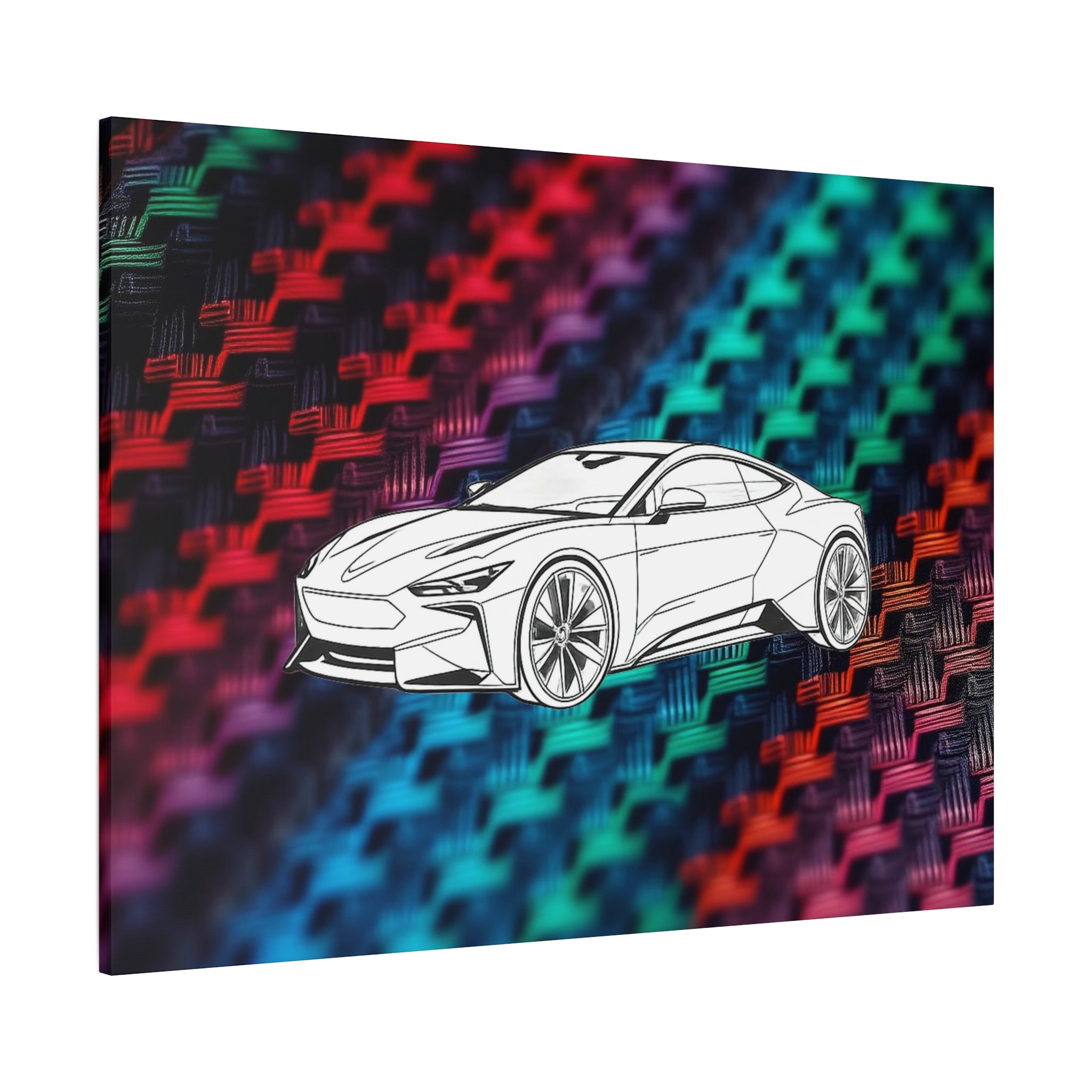 Modern Sports Car Canvas Wall Art – White Line Drawing on Rainbow Carbon Fiber Background