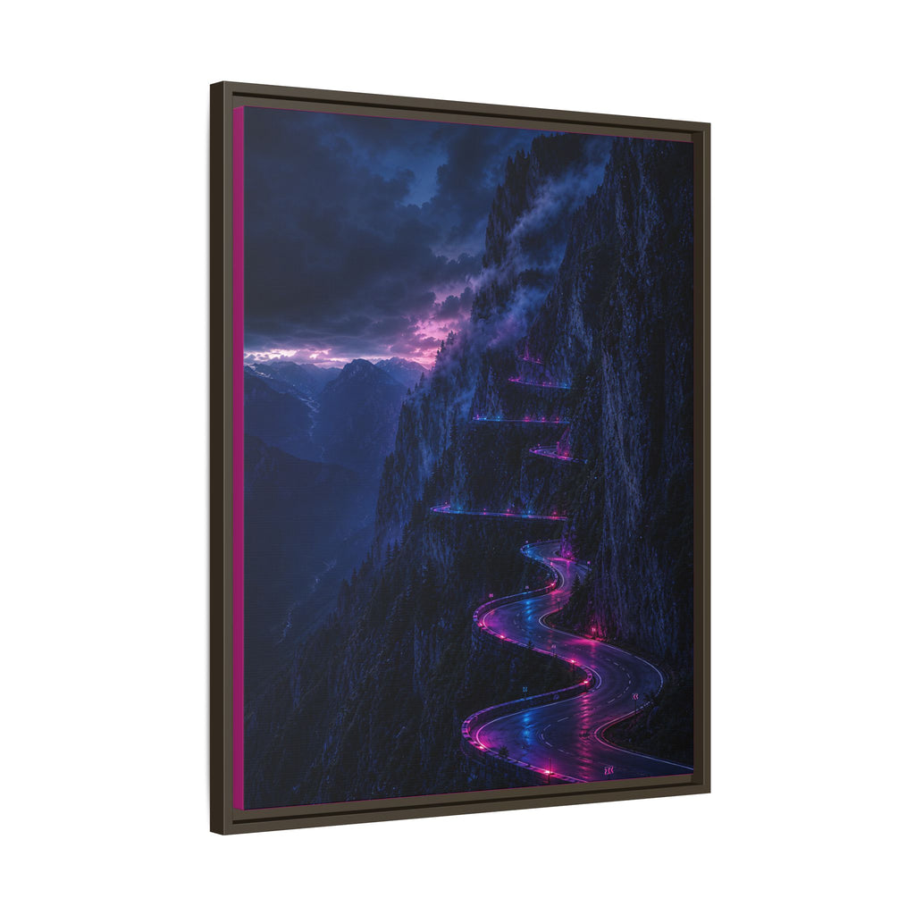 Neon Mountain Road Matte Canvas Print — Framed Nightscape Wall Art