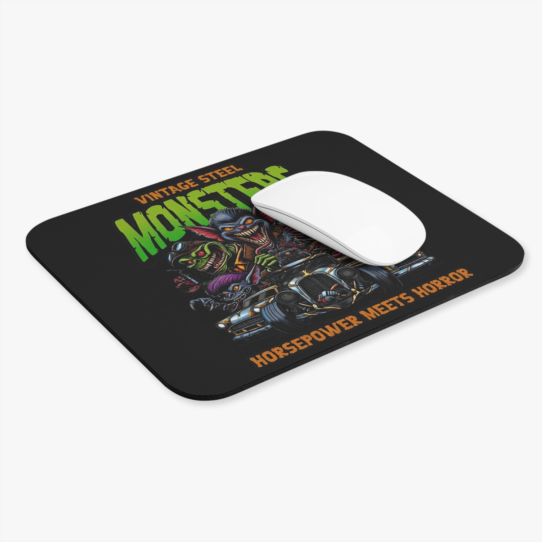 Vintage Steel Monsters Mouse Pad — 'Horsepower Meets Horror' Car Monster Art