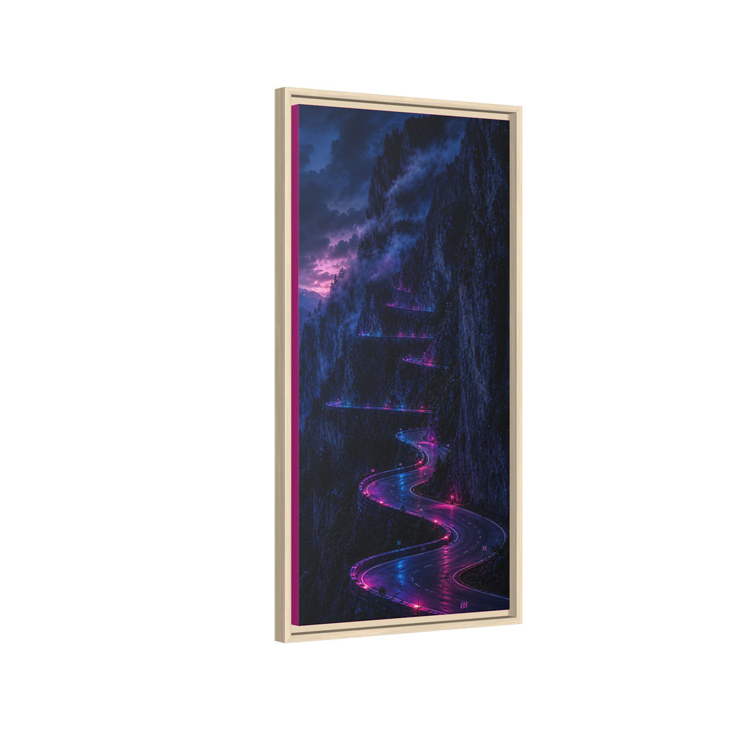 Neon Mountain Road Matte Canvas Print — Framed Nightscape Wall Art