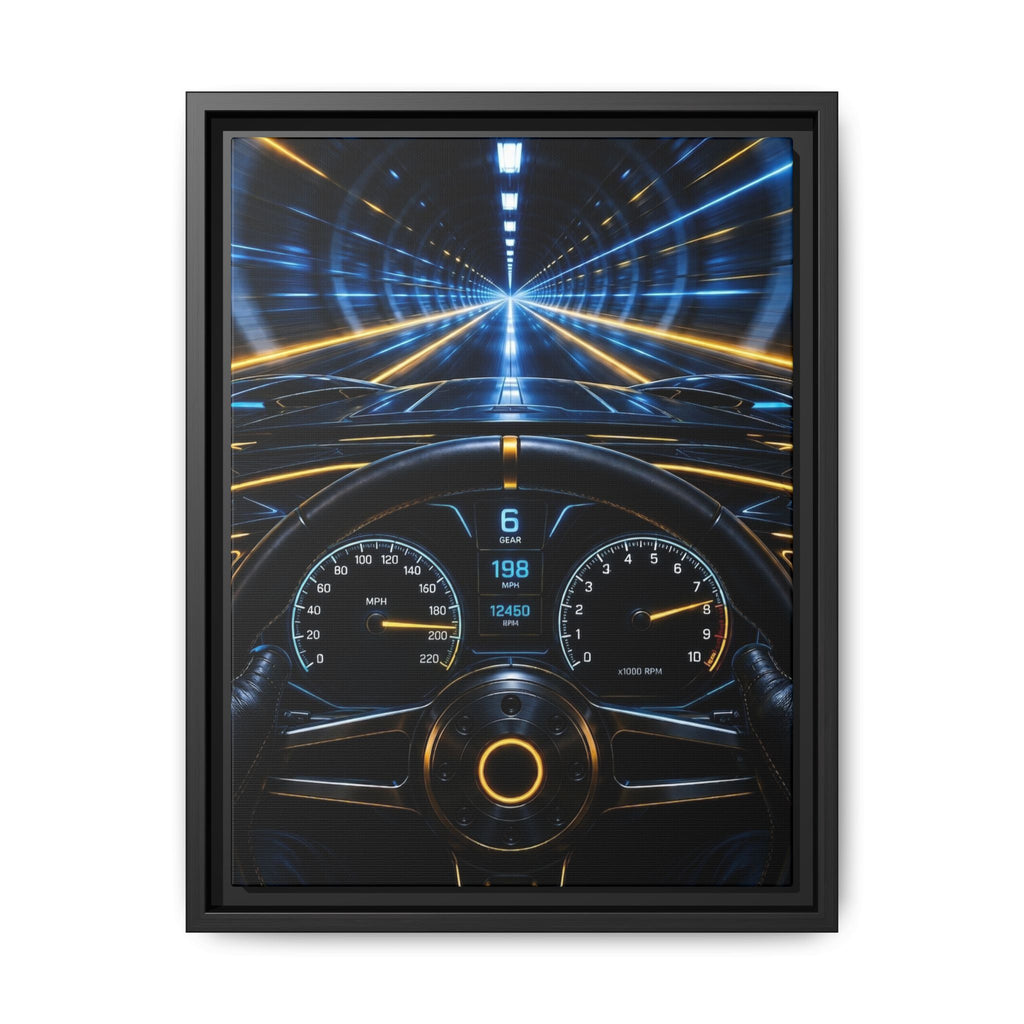Tunnel Drive Framed Canvas Print — Retro Futuristic Car Dashboard Wall Art