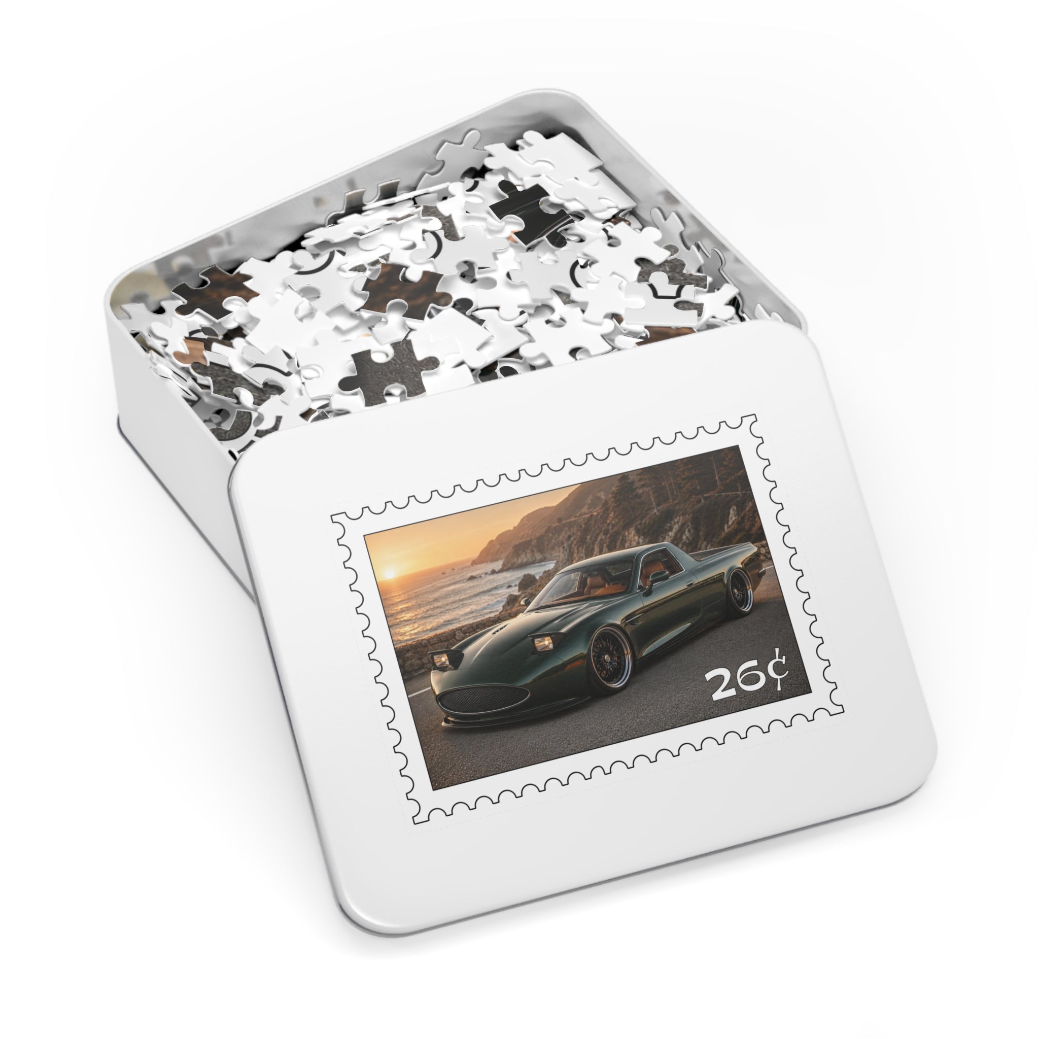 Sports Car Puzzle — Coastal Sunset 26 Stamp Design (Jigsaw with Tin)