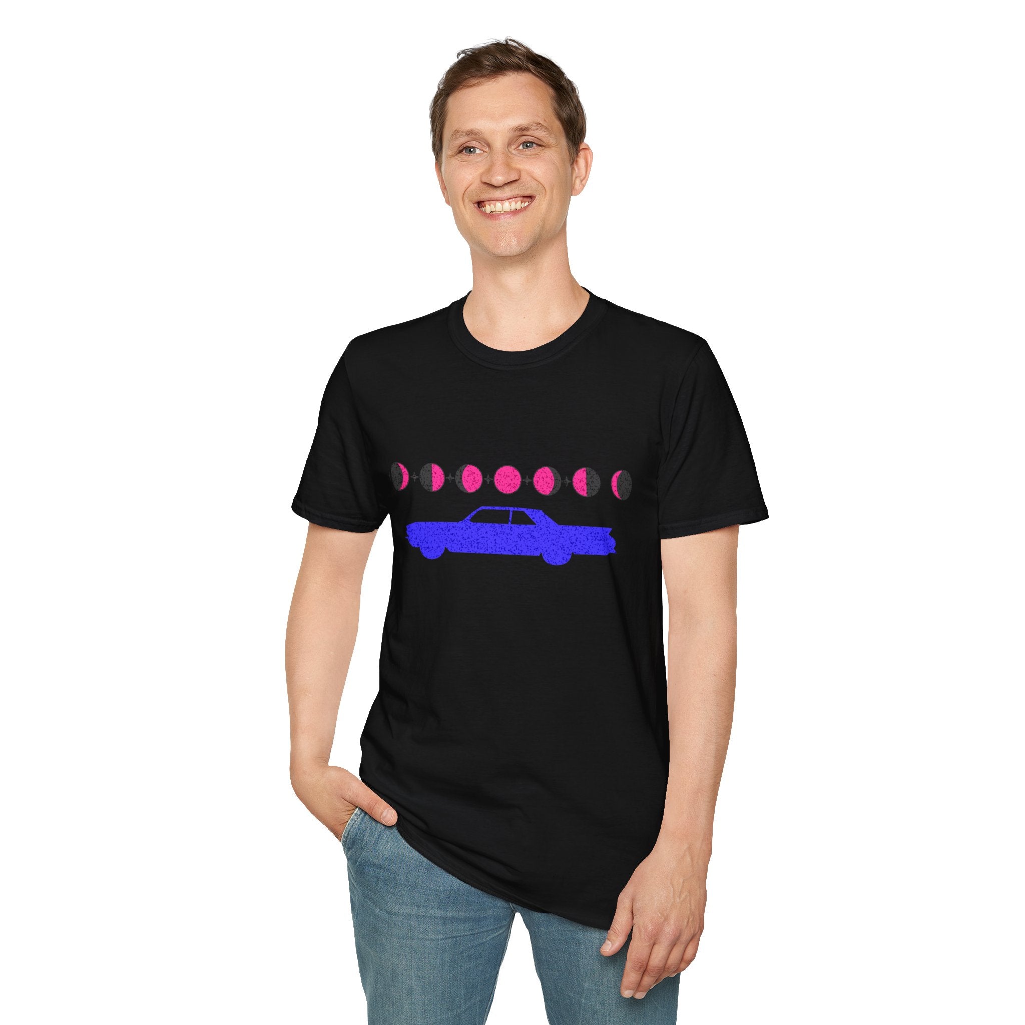 Retro Moon Phase Car T‑Shirt — Blue Classic Car with Pink Moon Phases