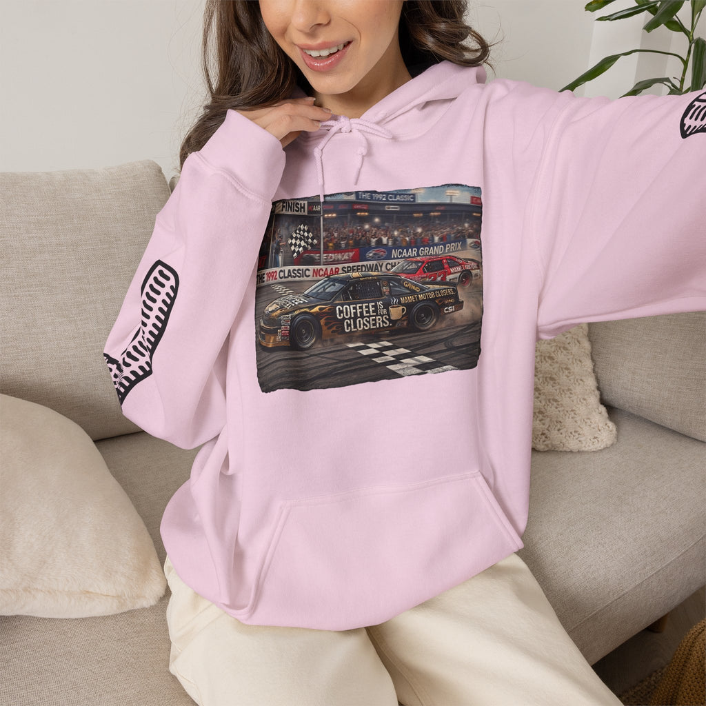 Racing Garage Hooded Sweatshirt — Vintage Racecar Track Scene