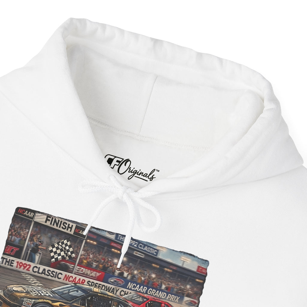 Racing Garage Hooded Sweatshirt — Vintage Racecar Track Scene