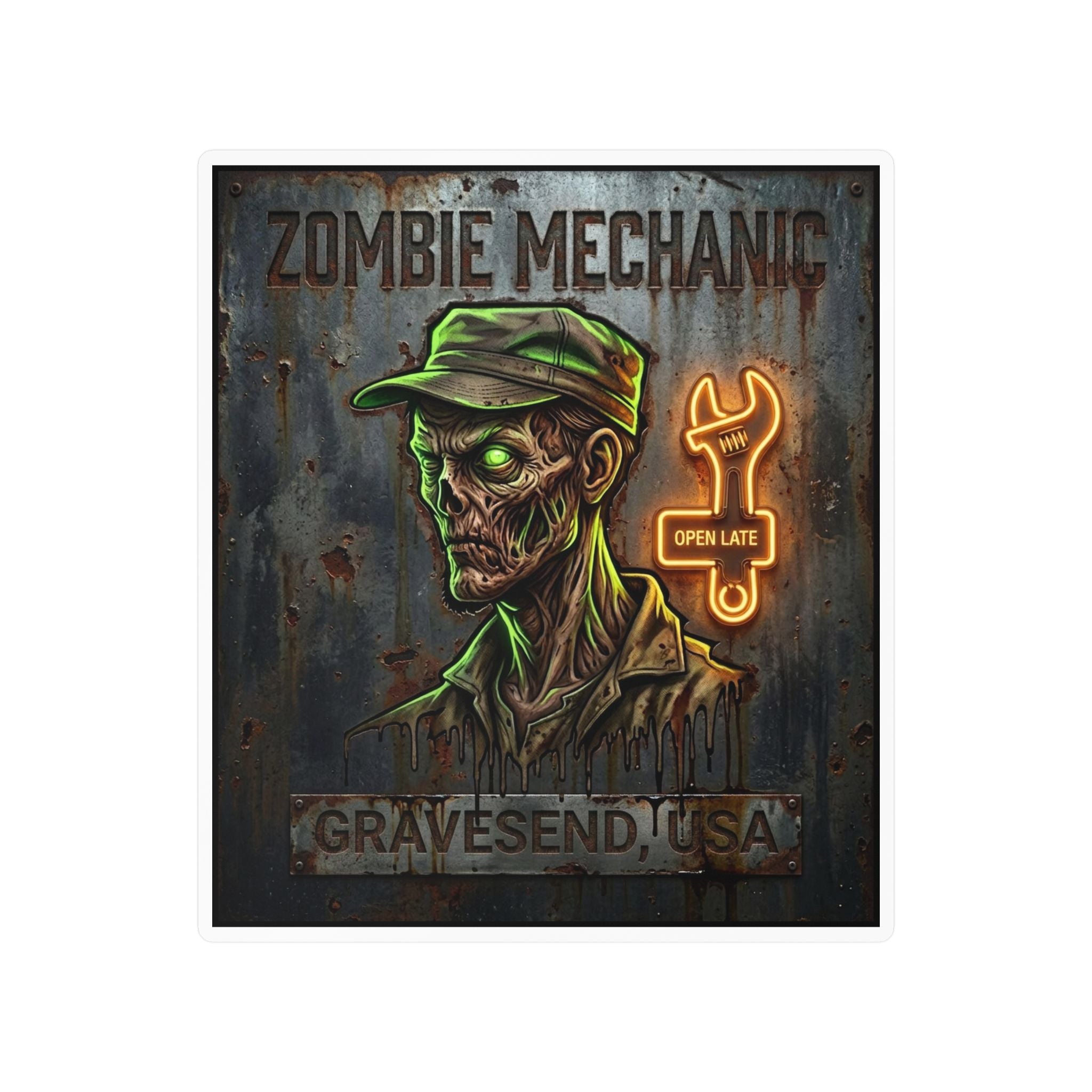 Zombie Mechanic Vinyl Decal — Horror Garage Sticker (Kiss-Cut)