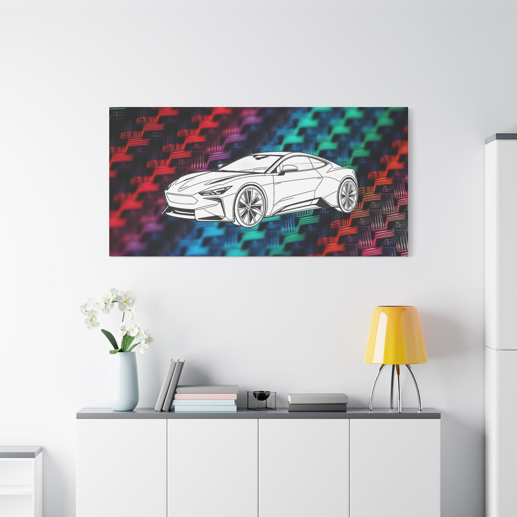 Modern Sports Car Canvas Wall Art – White Line Drawing on Rainbow Carbon Fiber Background