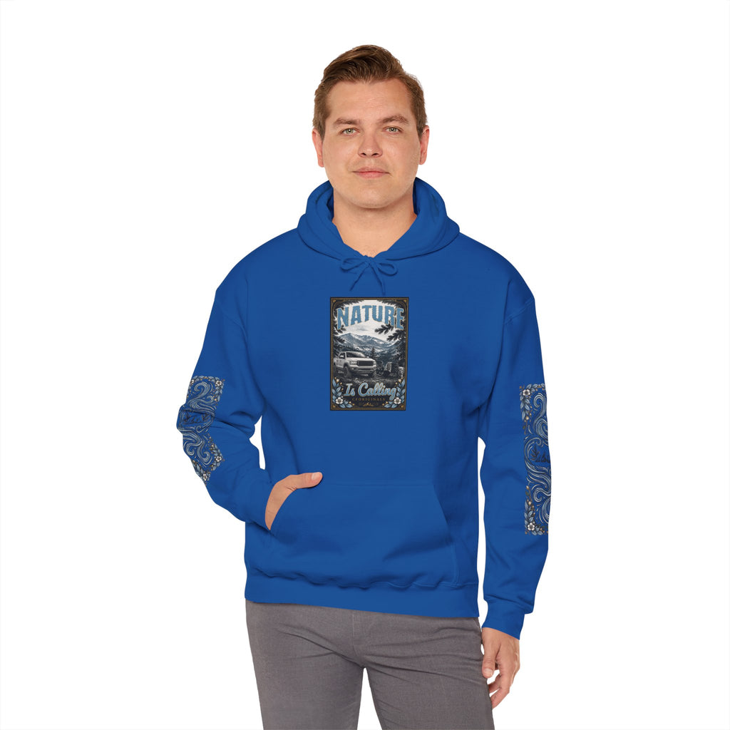 Nature Is Calling Hoodie — Scenic Mountain Graphic Hooded Sweatshirt with Sleeve Paisley Art